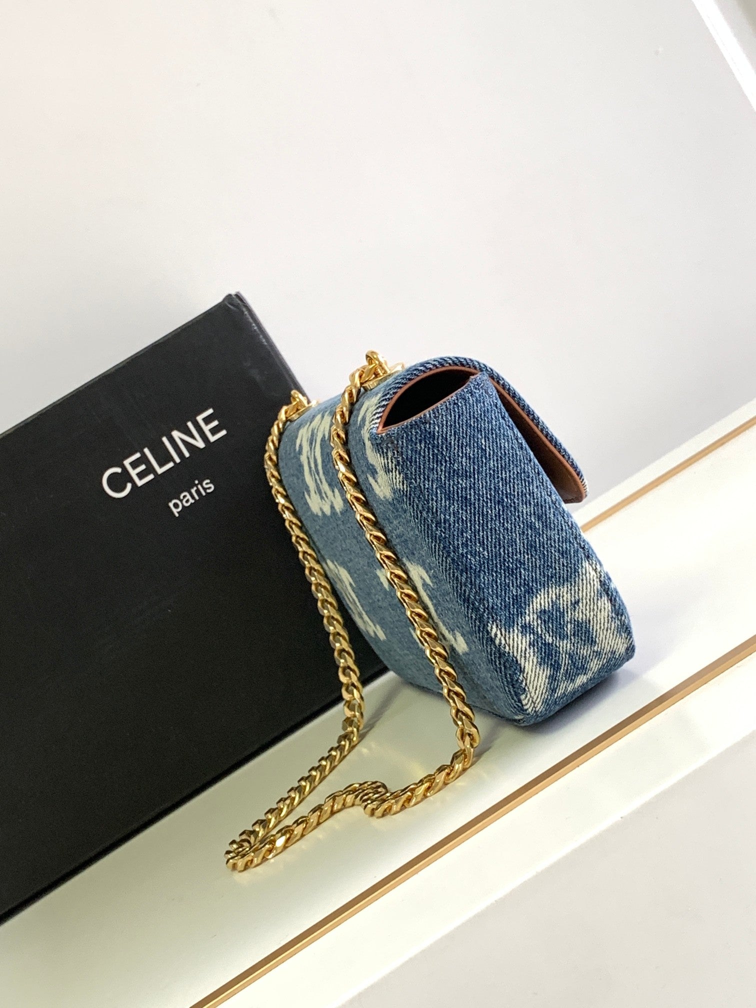 Celine Triomphe Chain Shoulder Bag in Denim with Gold-Tone Hardware
