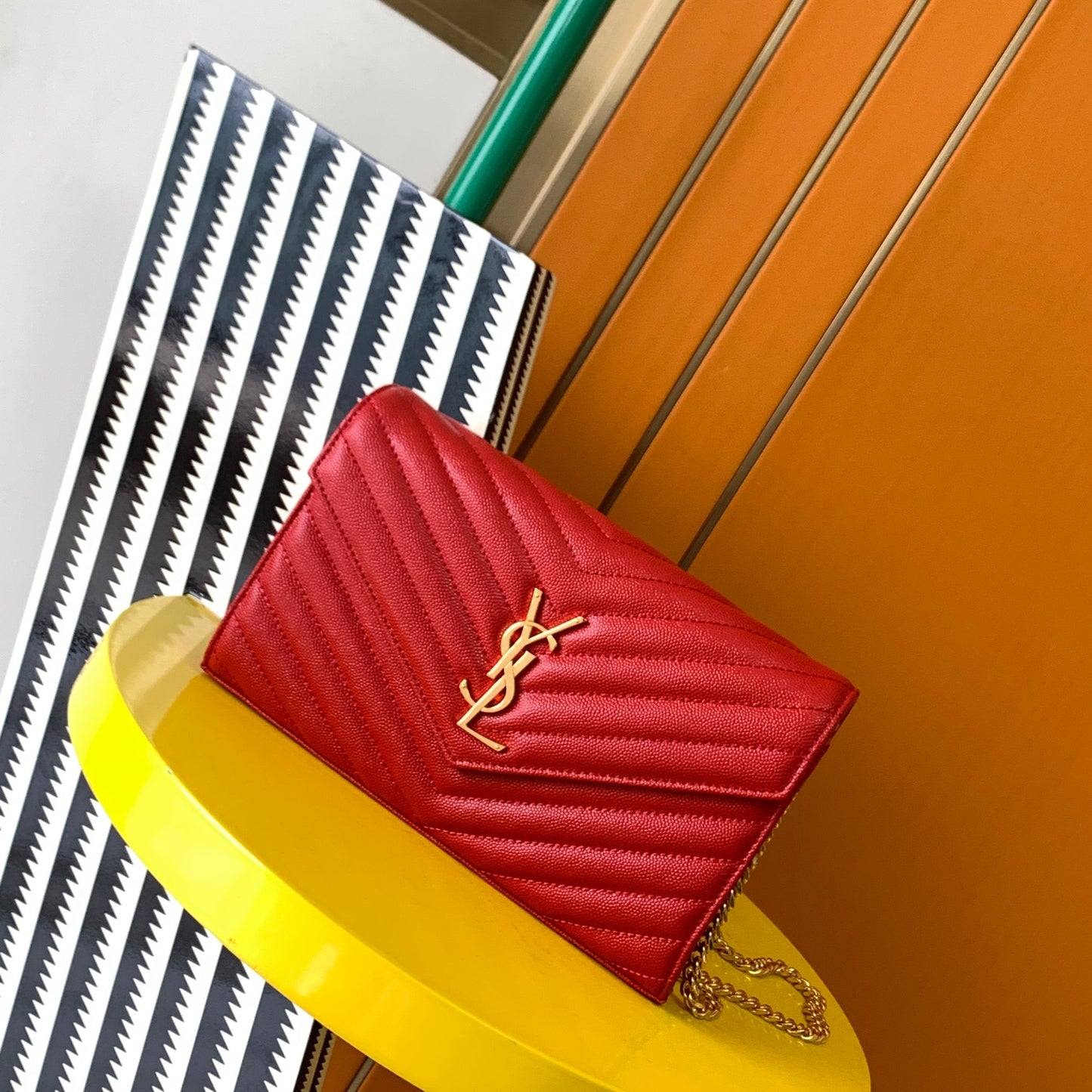 Saint Laurent Cassandre Matelassé Small Envelope Wallet on Chain in Red Leather