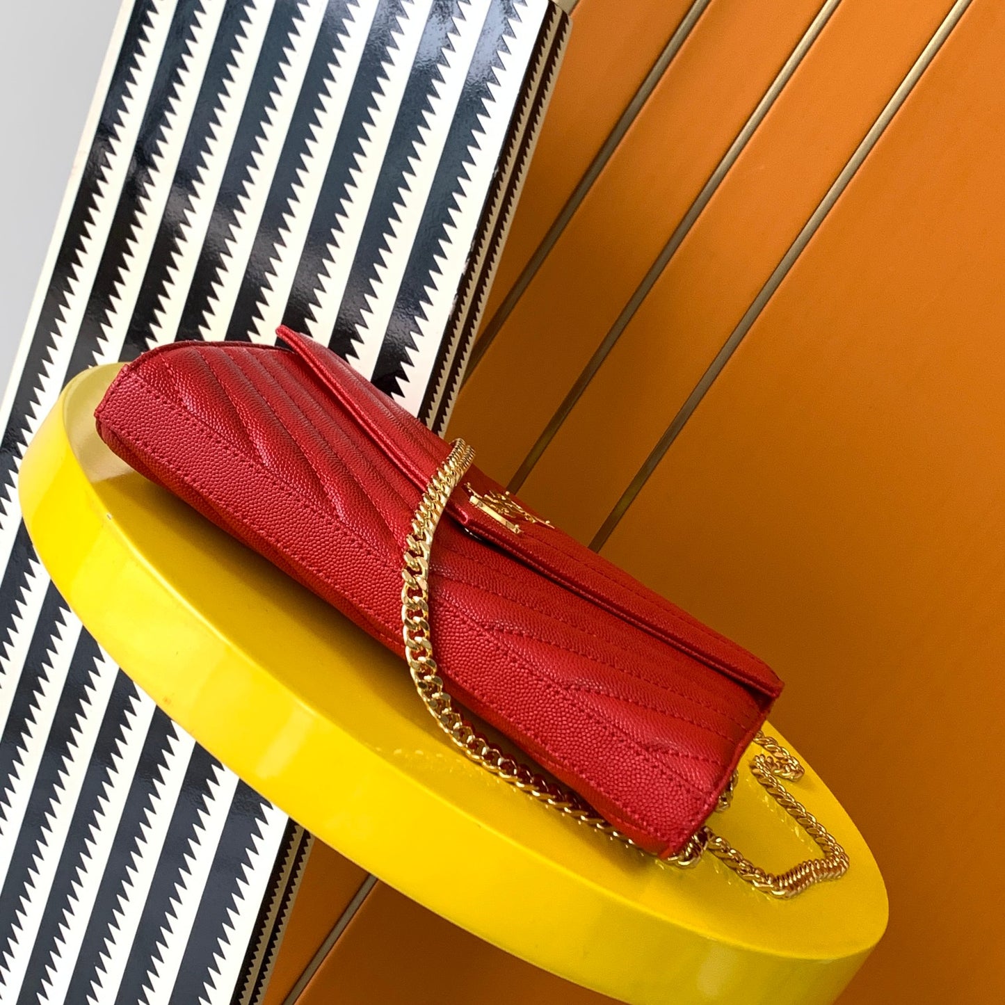 Saint Laurent Cassandre Matelassé Small Envelope Wallet on Chain in Red Leather