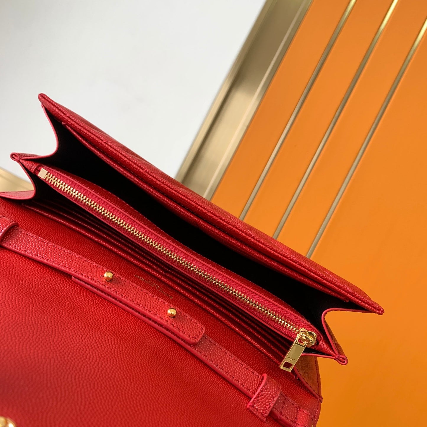 Saint Laurent Cassandre Matelassé Small Envelope Wallet on Chain in Red Leather