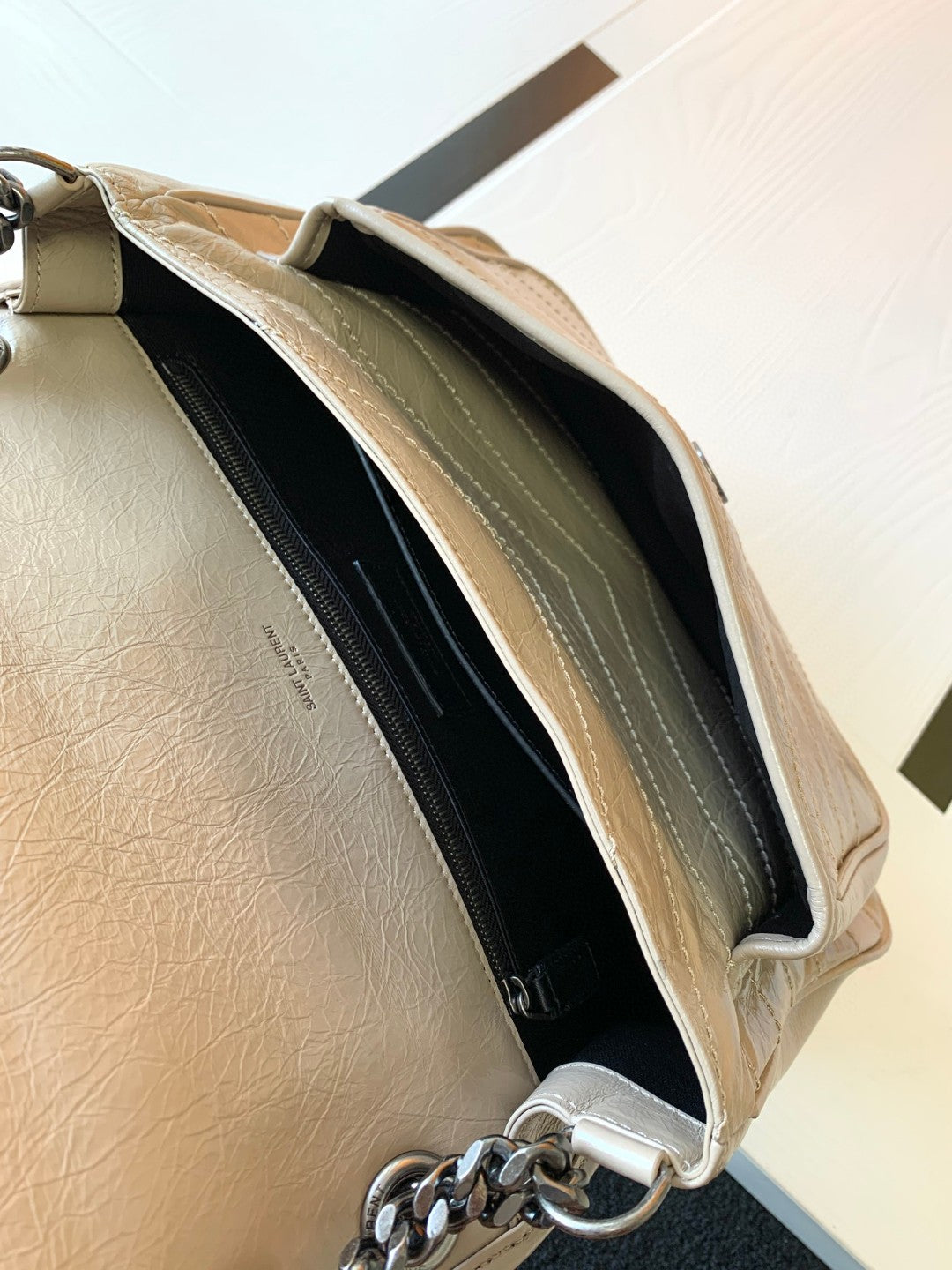 Saint Laurent Niki Medium Shoulder Bag in Beige Crinkled Leather