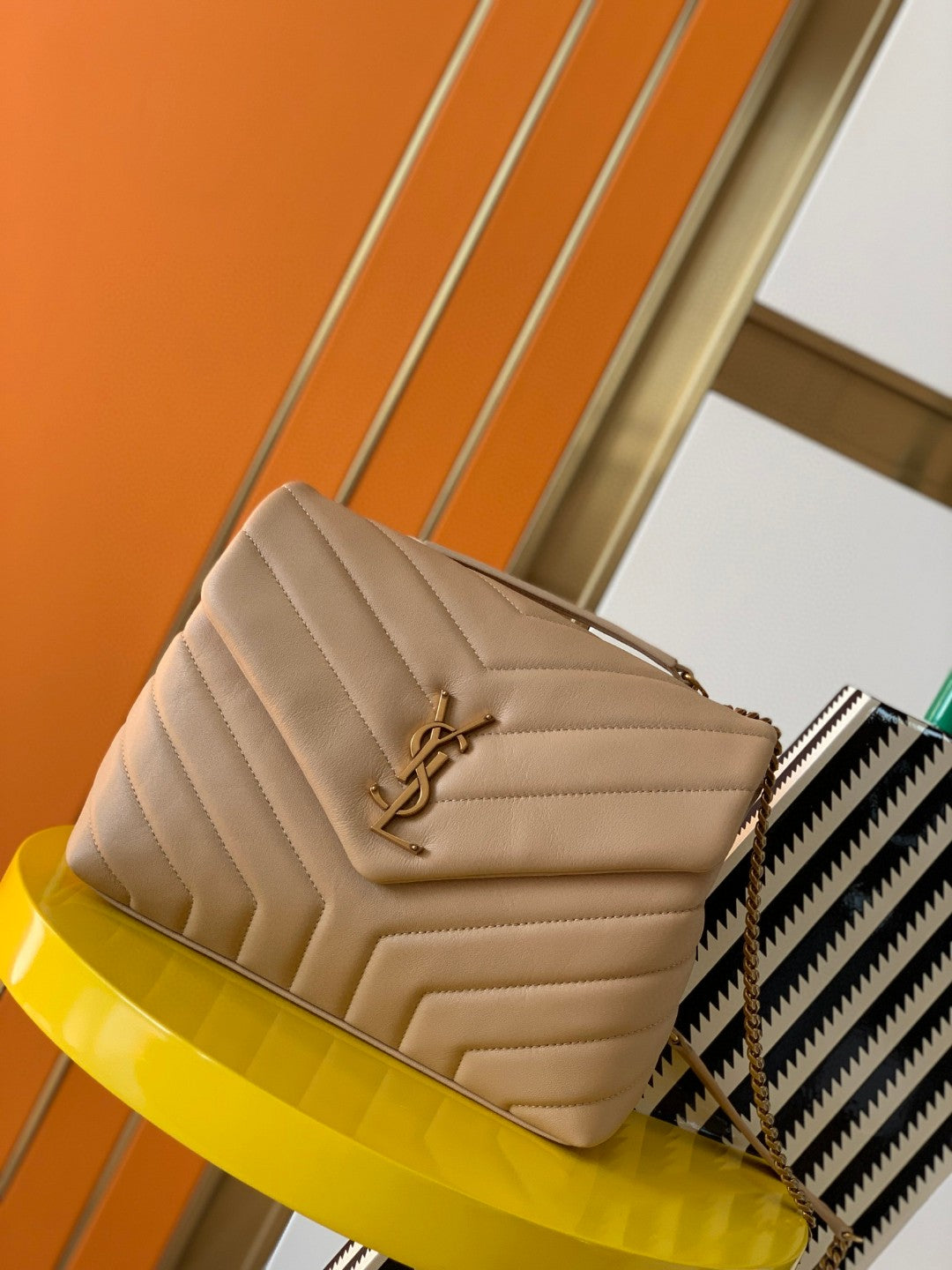 Saint Laurent Loulou Small Quilted Shoulder Bag in Beige Leather