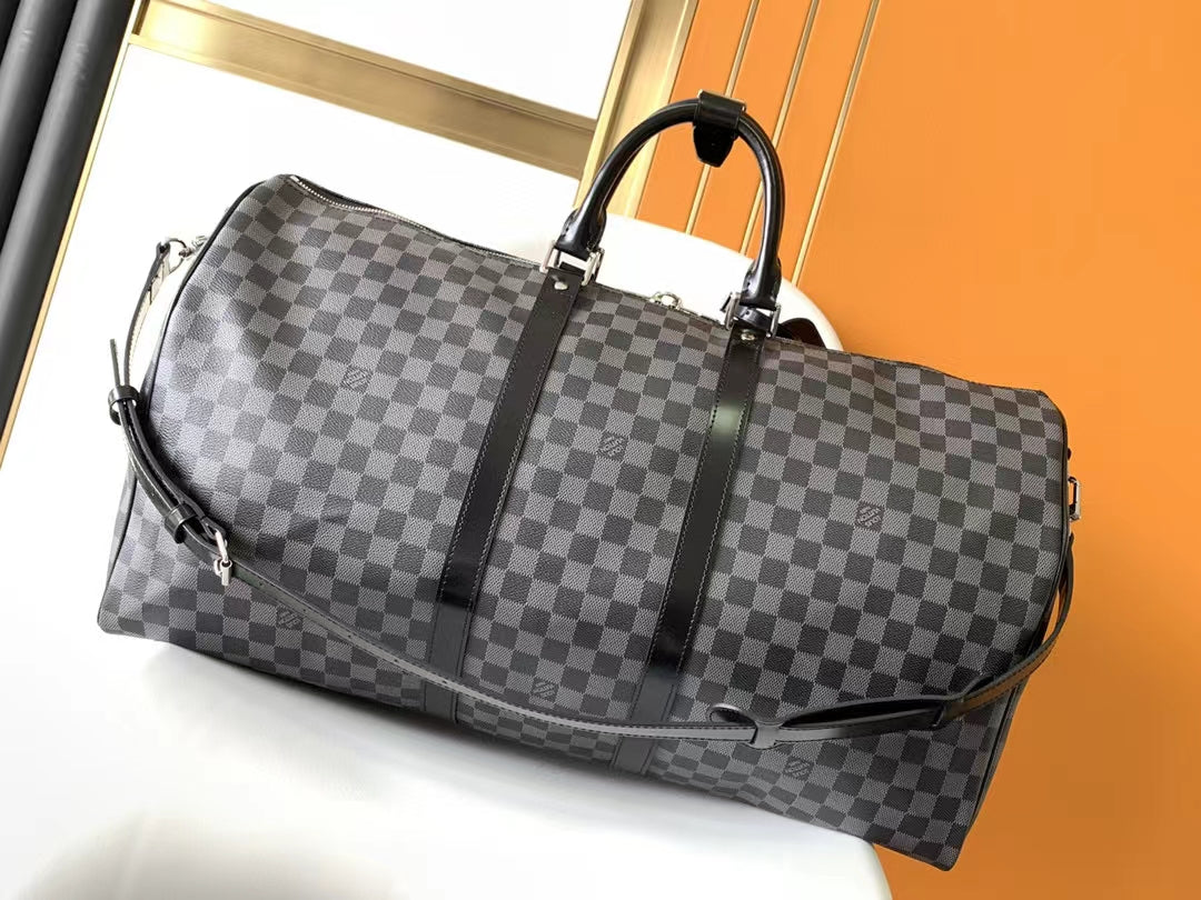 Luxury Damier Graphite Checkered Duffle Travel Bag - Black & Grey Large Weekender