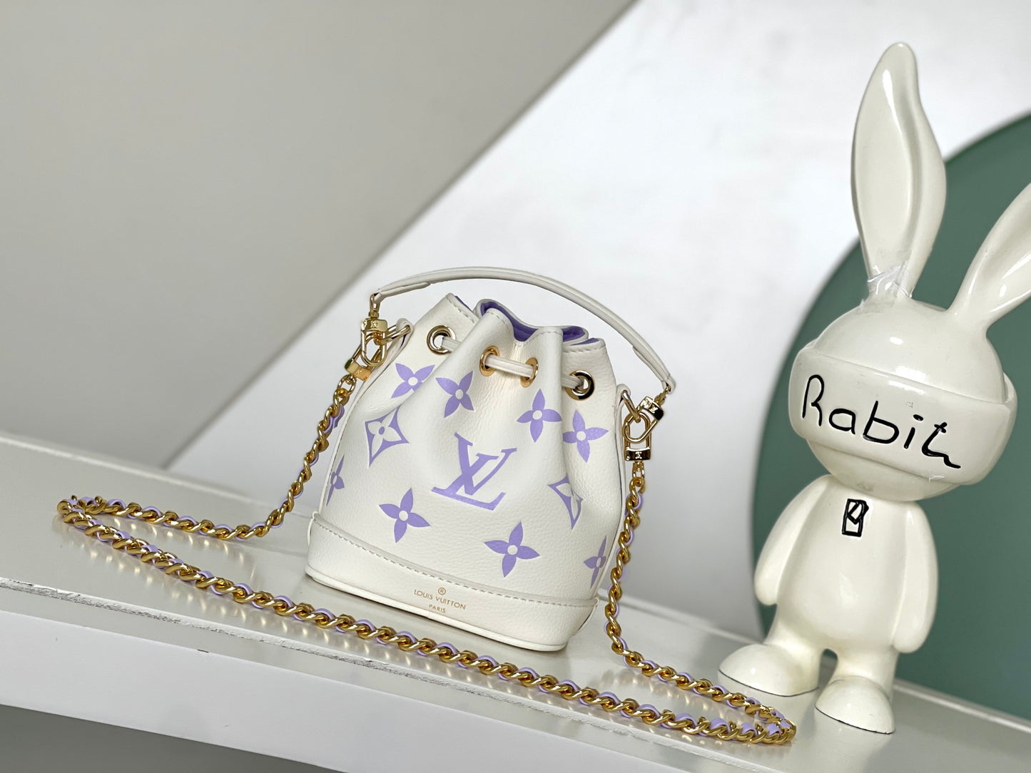 Mini Drawstring Bucket Crossbody Bag - White with Purple Monogram & Gold Chain