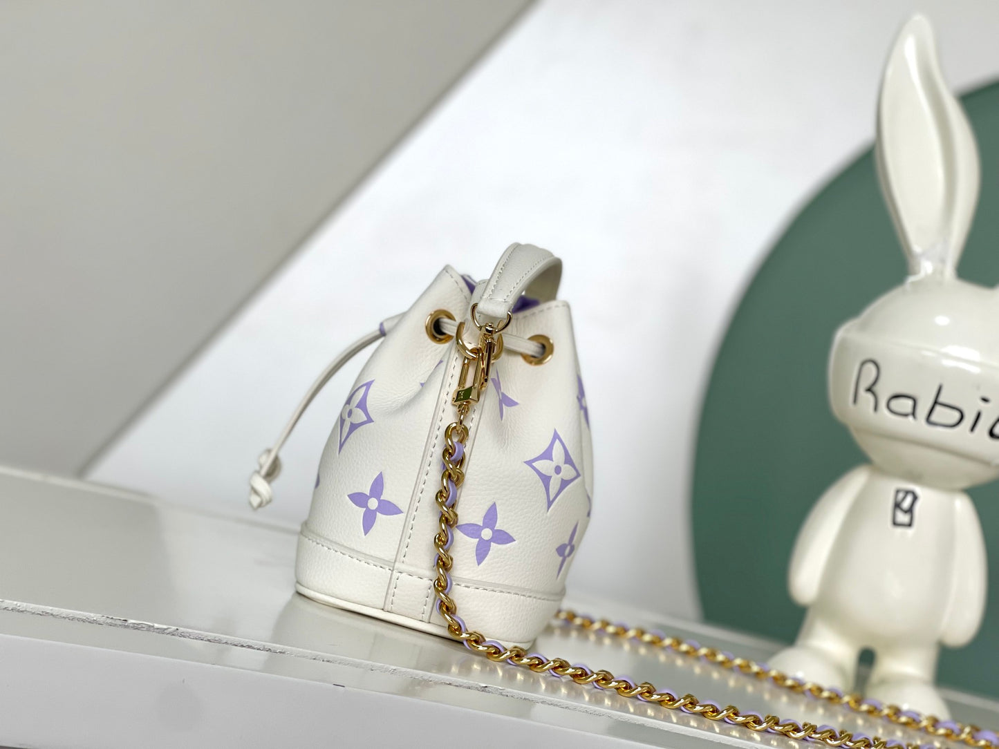 Mini Drawstring Bucket Crossbody Bag - White with Purple Monogram & Gold Chain