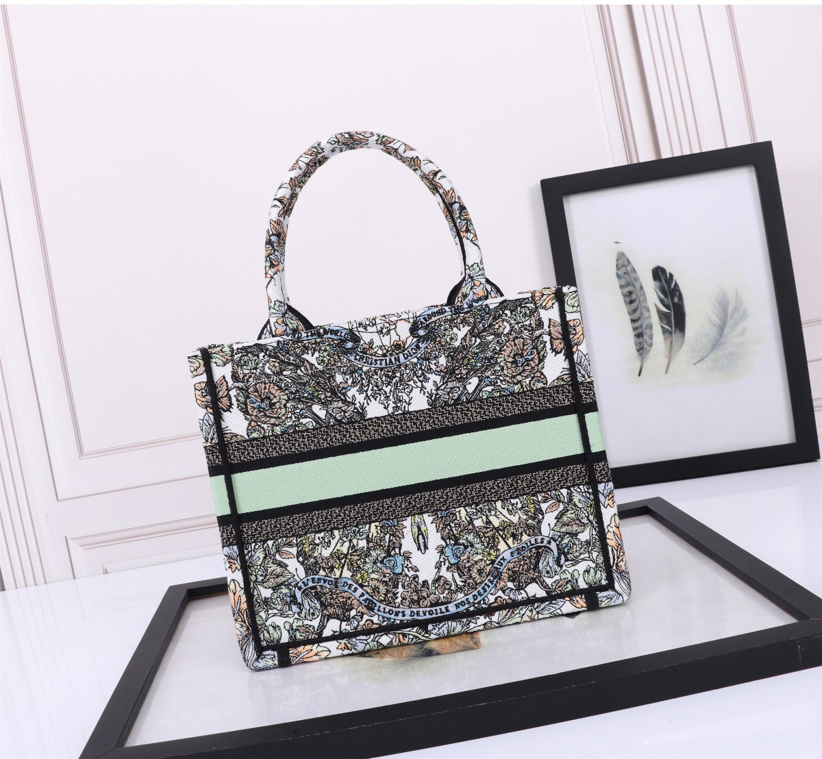 Christian Dior Book Tote - Multicolor Floral Embroidered Canvas with Green Band