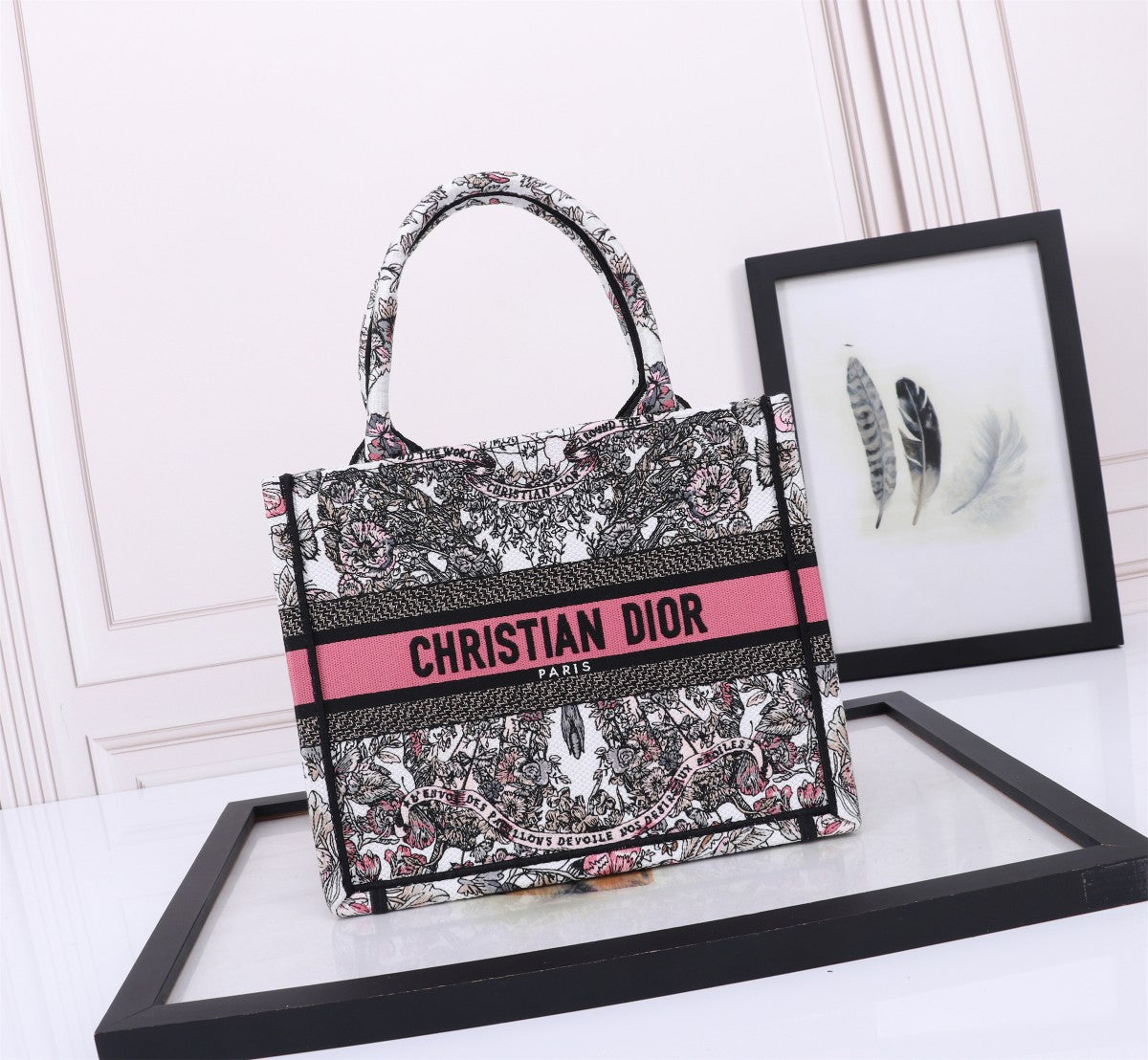 Christian Dior Book Tote - Embroidered Canvas Handbag with Toile de Jouy Pattern - Pink/Black/White