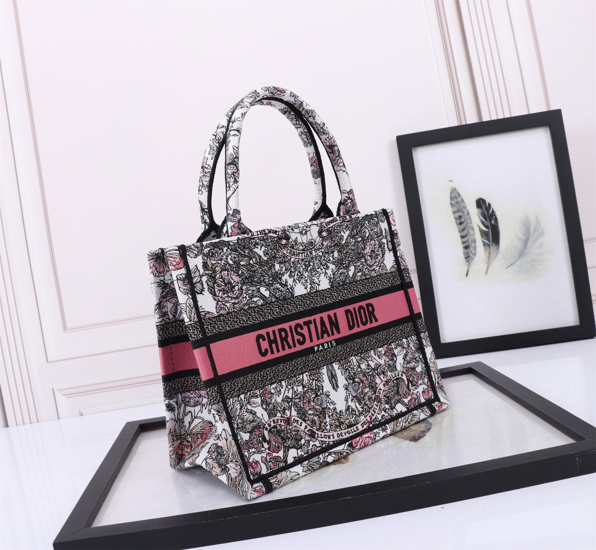 Christian Dior Book Tote Embroidered Canvas Bag - White/Black/Pink
