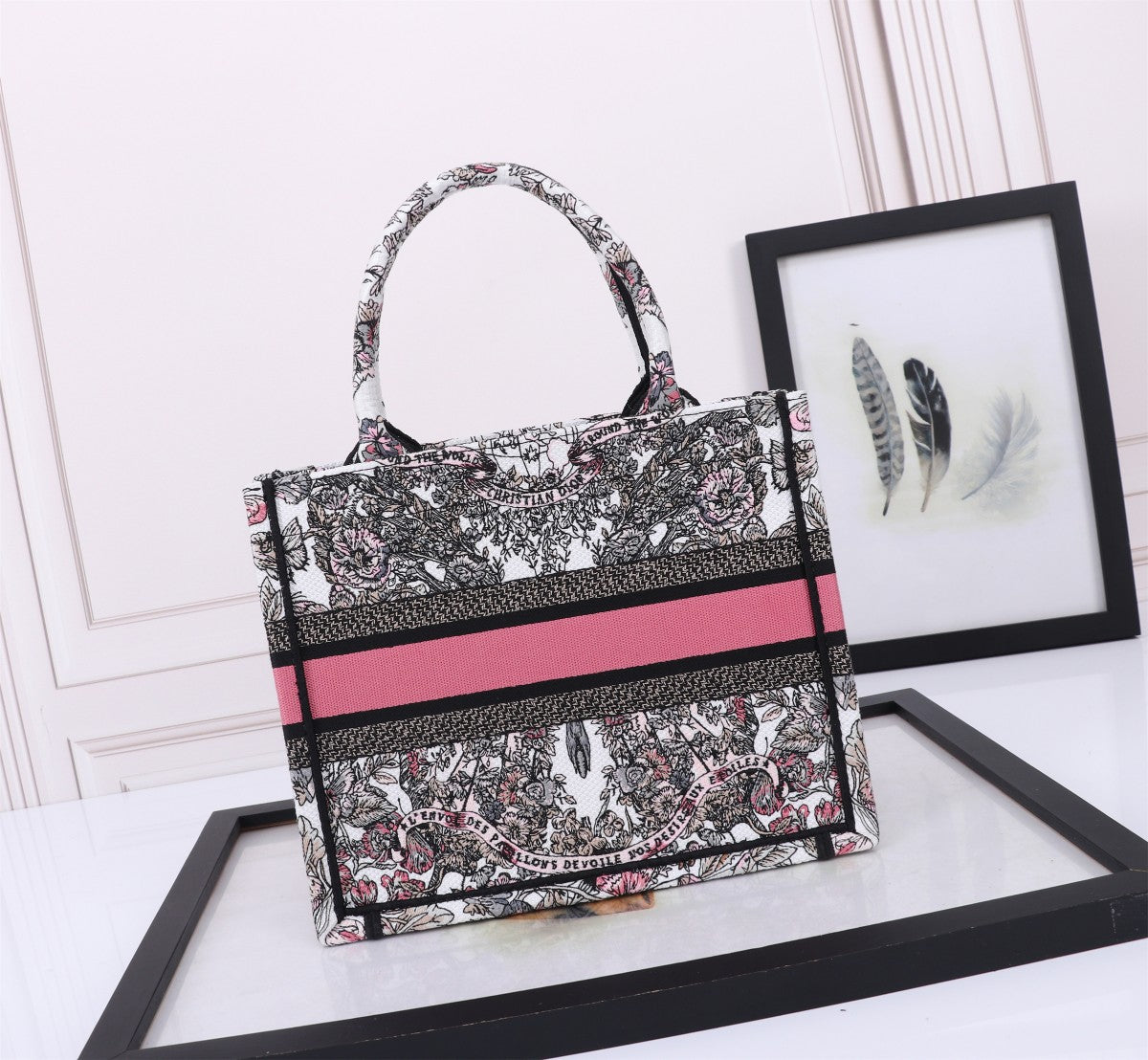 Christian Dior Book Tote - Embroidered Canvas Handbag with Toile de Jouy Pattern - Pink/Black/White