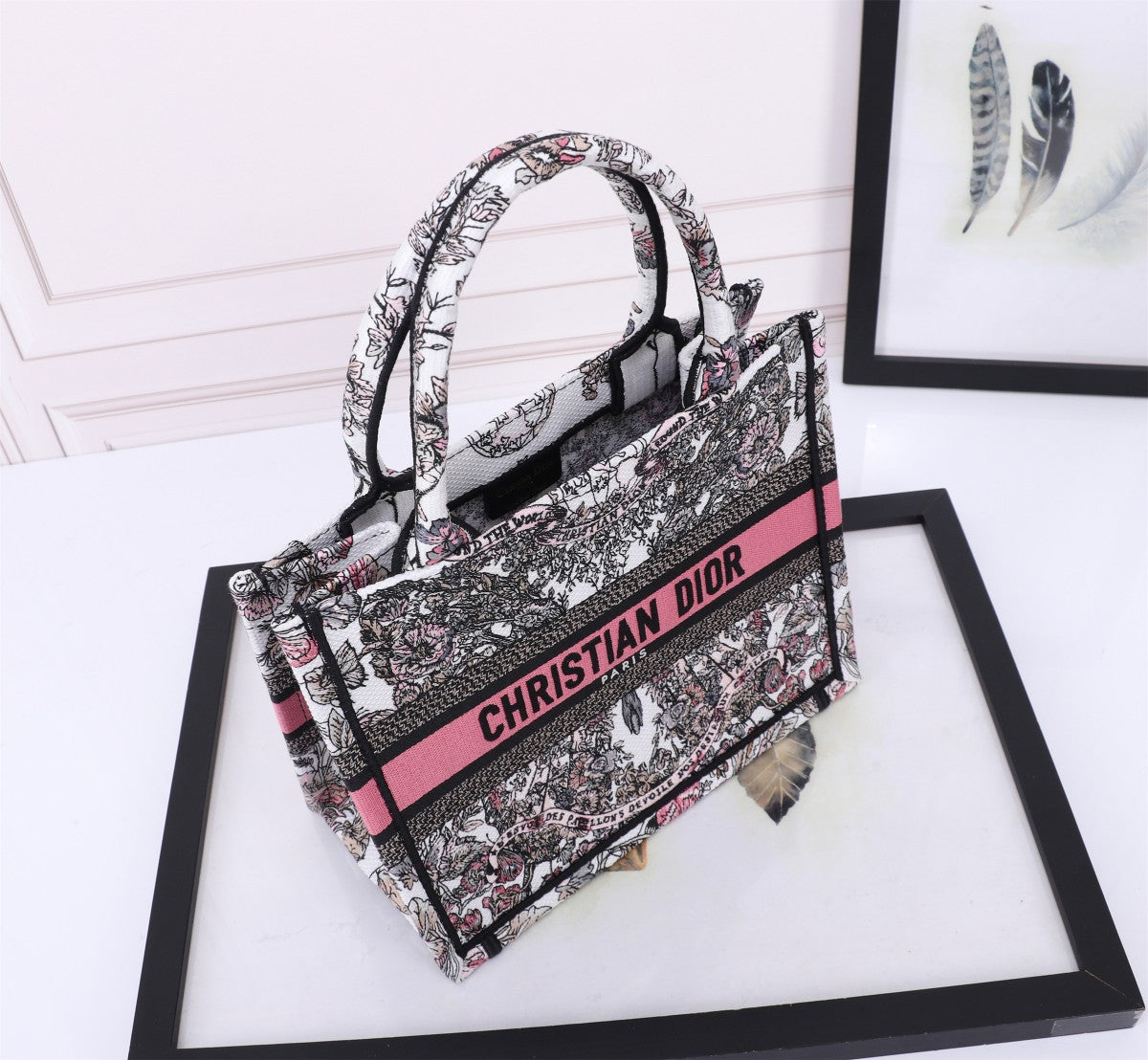 Christian Dior Book Tote - Embroidered Canvas Handbag with Toile de Jouy Pattern - Pink/Black/White