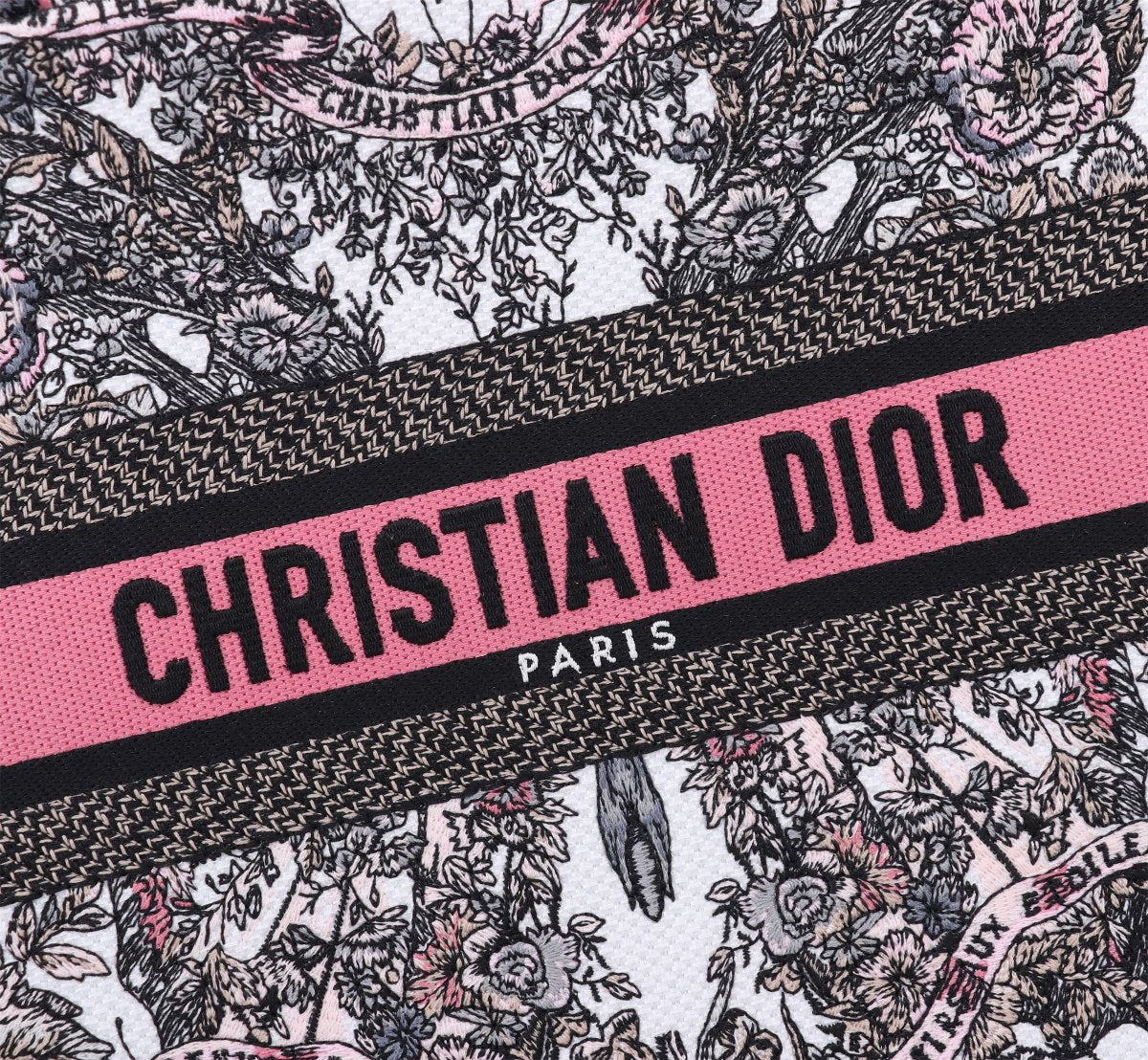 Christian Dior Book Tote - Embroidered Canvas Handbag with Toile de Jouy Pattern - Pink/Black/White