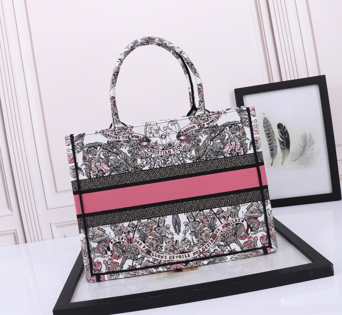 Christian Dior Book Tote Pink Patterned Canvas Embroidered Handbag