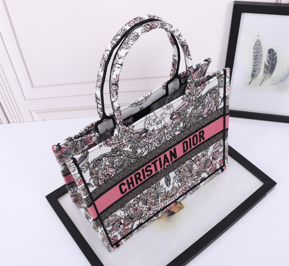 Christian Dior Book Tote Pink Patterned Canvas Embroidered Handbag