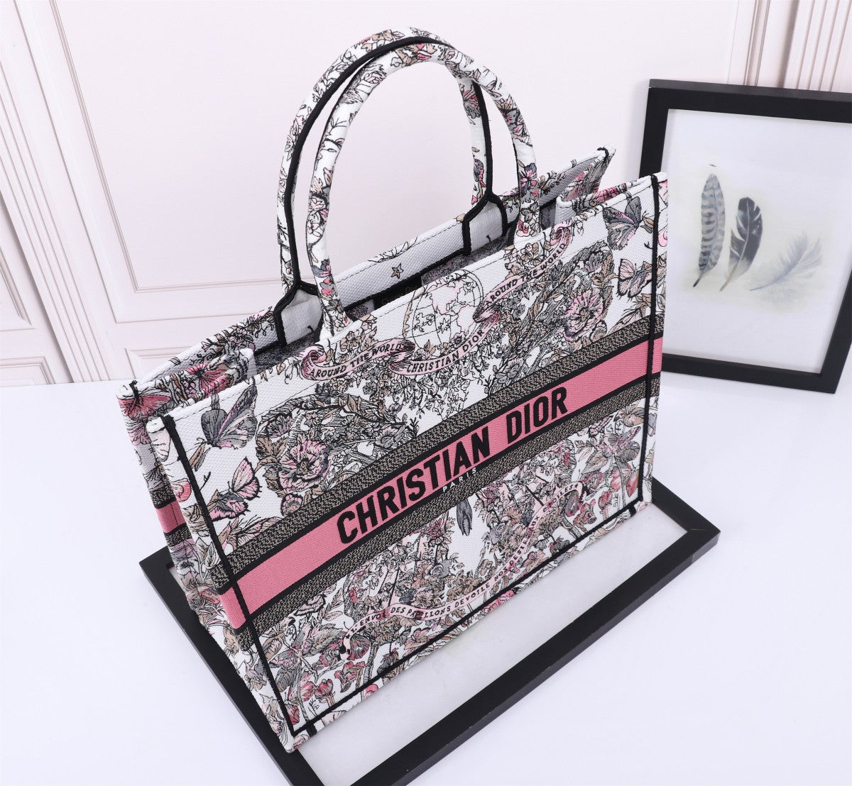 Christian Dior Large Book Tote Bag - Pink Embroidered Canvas with Signature Logo