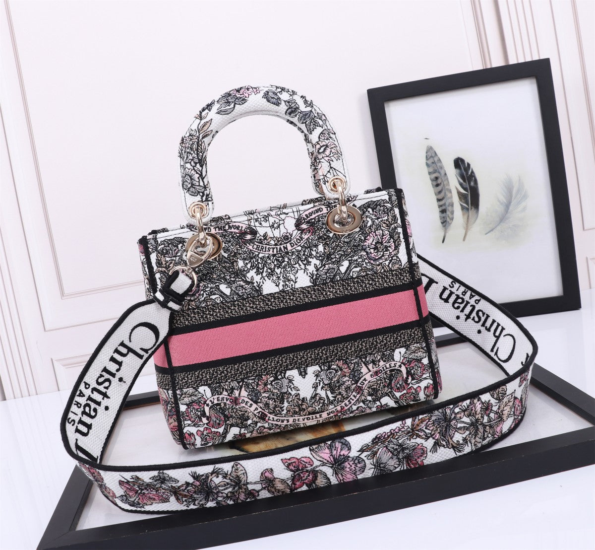 Christian Dior Lady D-Lite Handbag Grey Floral Embroidery with Pink Stripe