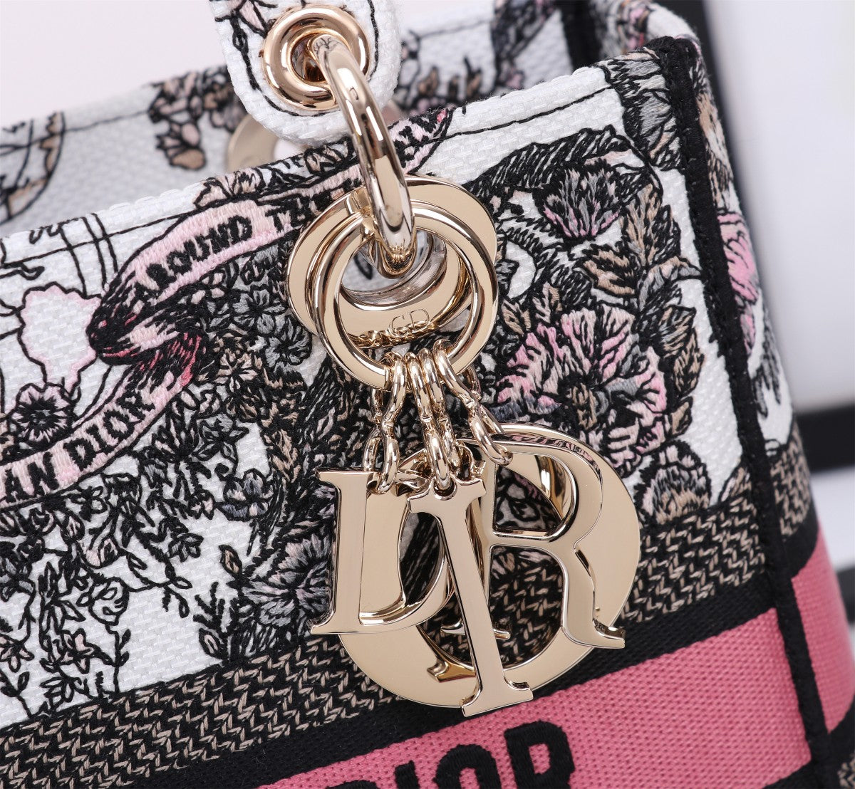 Christian Dior Lady D-Lite Handbag with Pink Floral Butterfly Embroidery