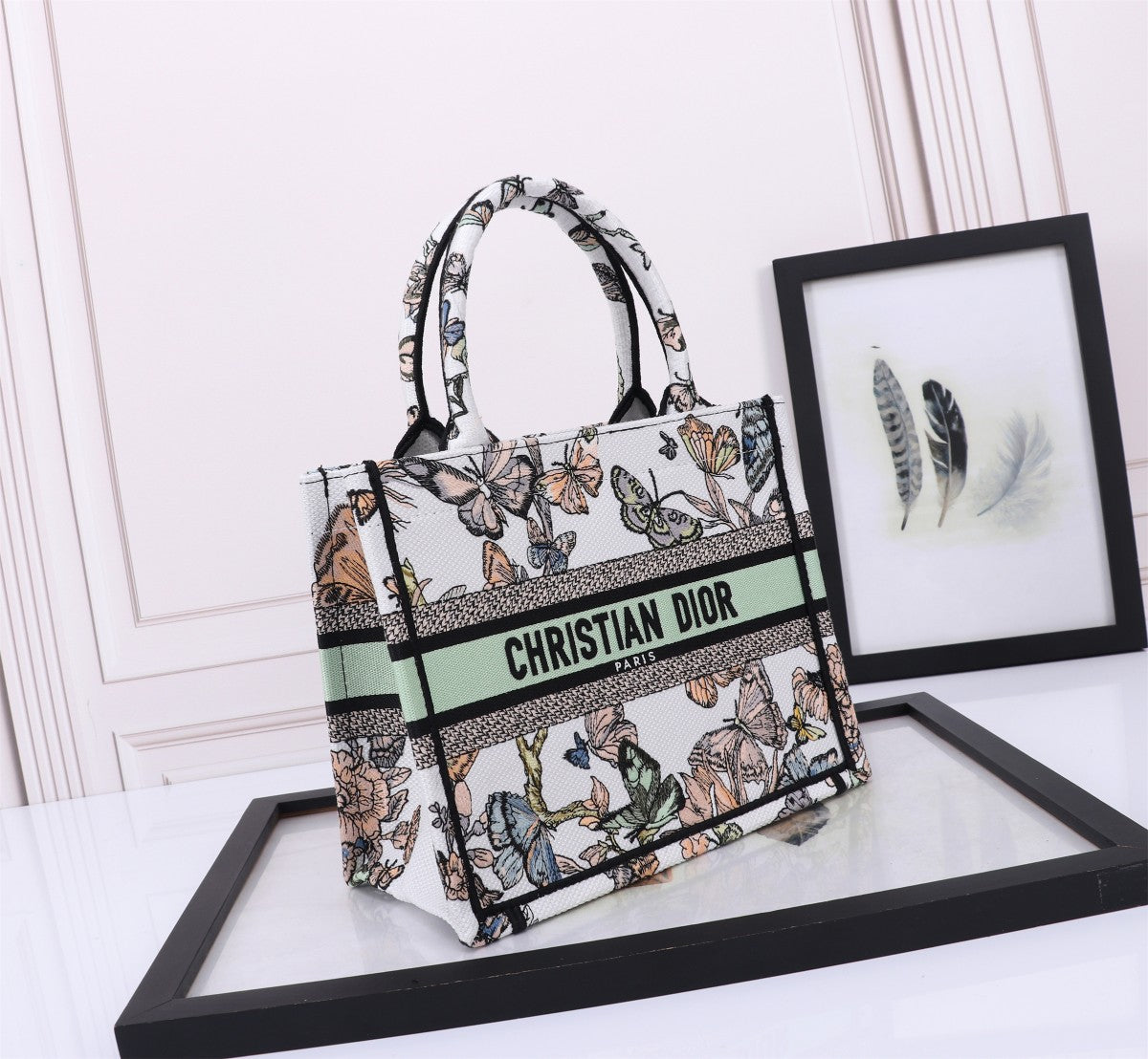 Christian Dior Medium Book Tote Bag with Butterfly Embroidery - White/Multi