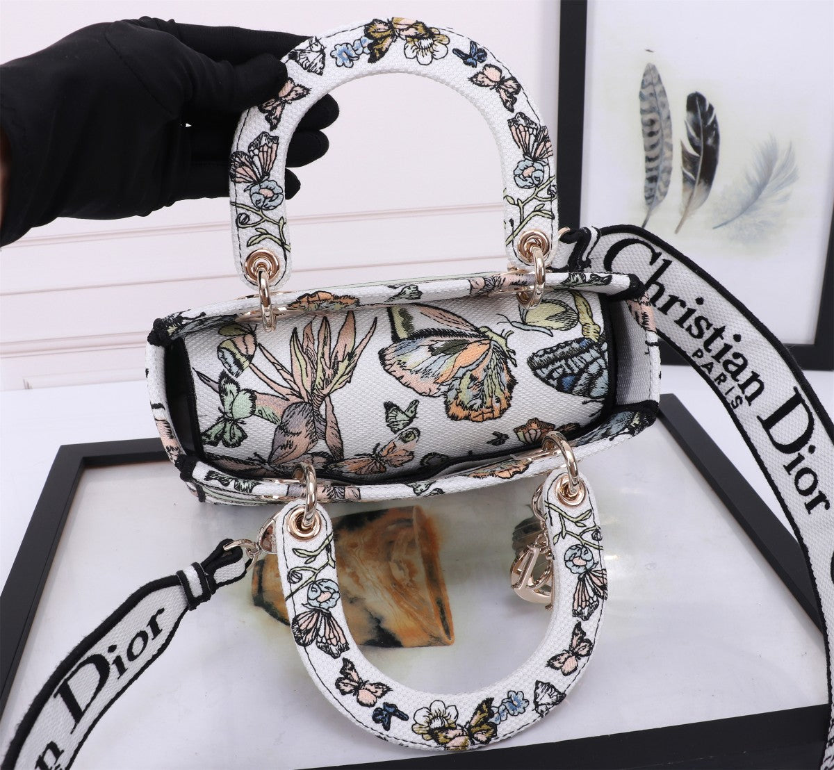 Christian Dior Lady D-Lite Bag with Butterfly Embroidery - White and Multicolor Handbag