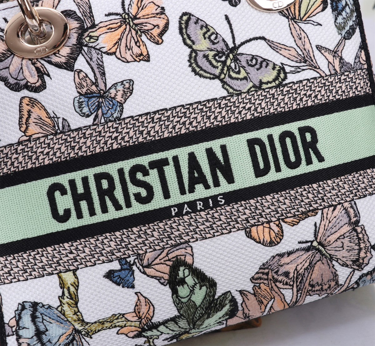 Christian Dior Lady D-Lite Medium Butterfly Embroidered Handbag - White/Multicolor