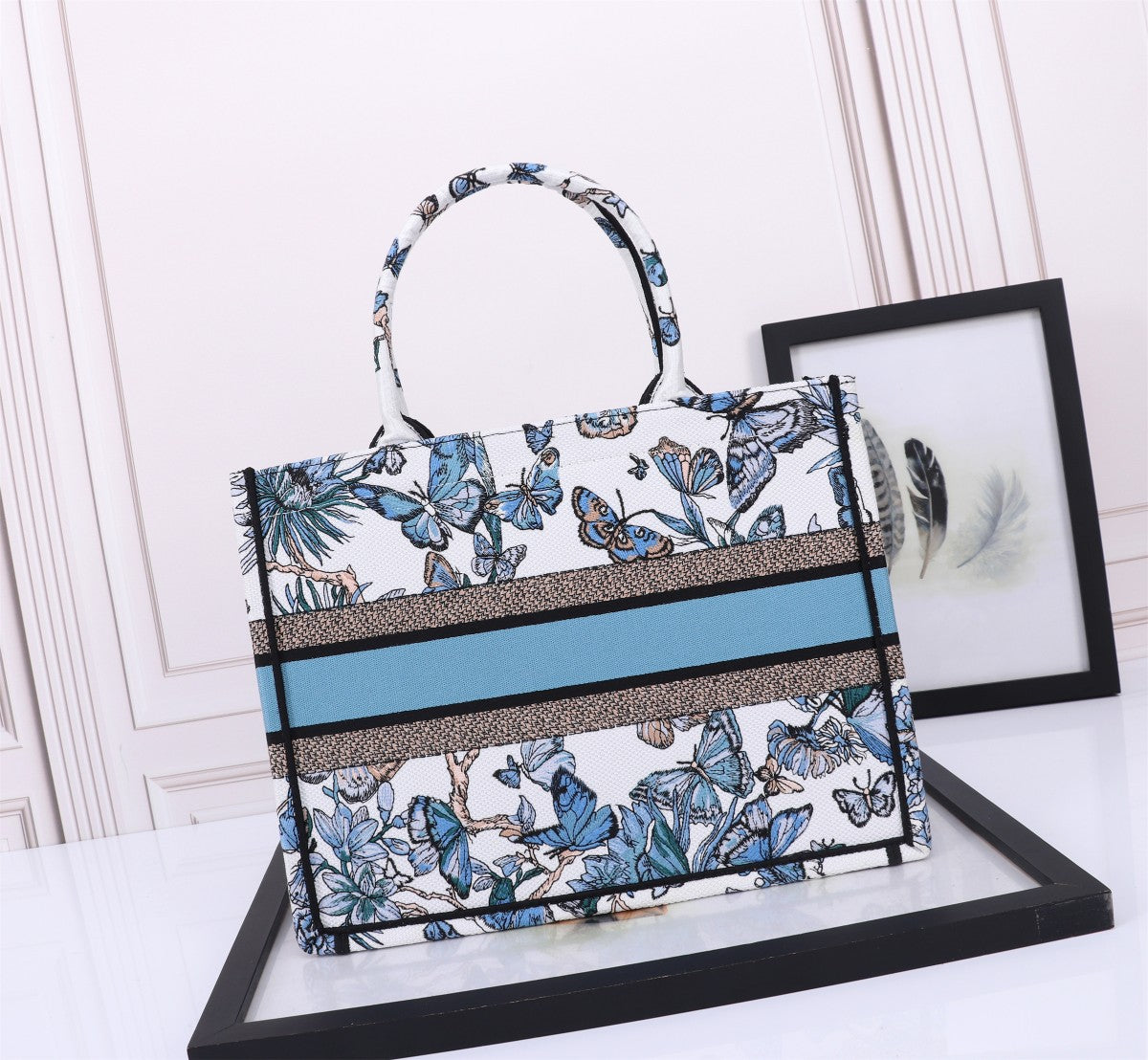 Christian Dior Blue Butterfly Embroidered Canvas Book Tote Bag