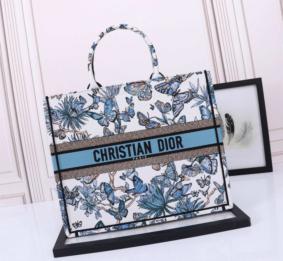 Christian Dior Book Tote with Blue Butterfly Embroidery