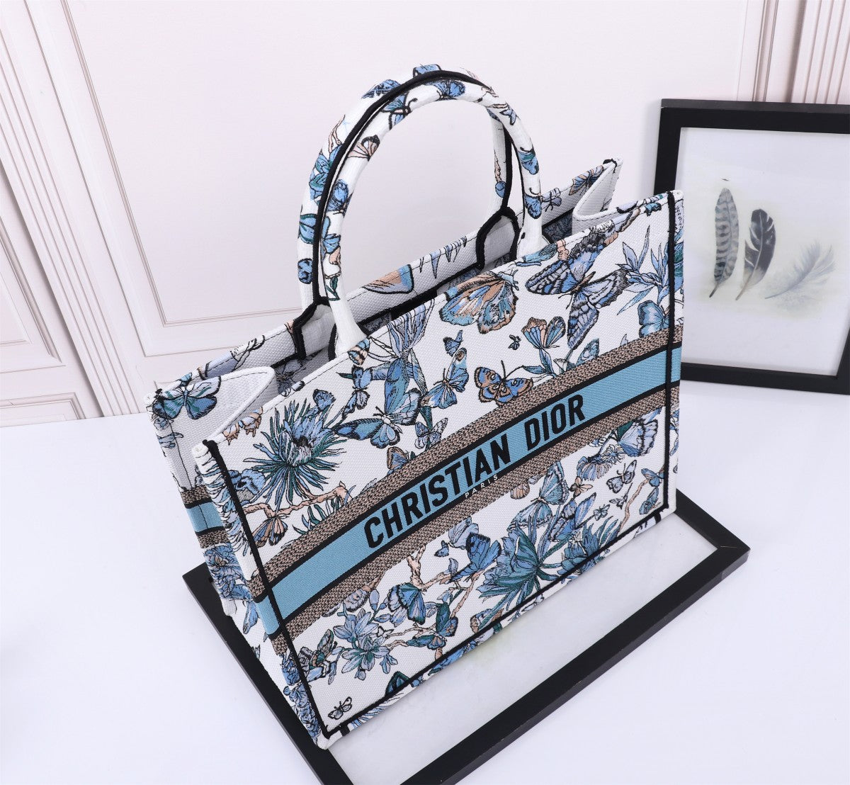 Christian Dior Blue Butterfly Embroidered Book Tote Bag