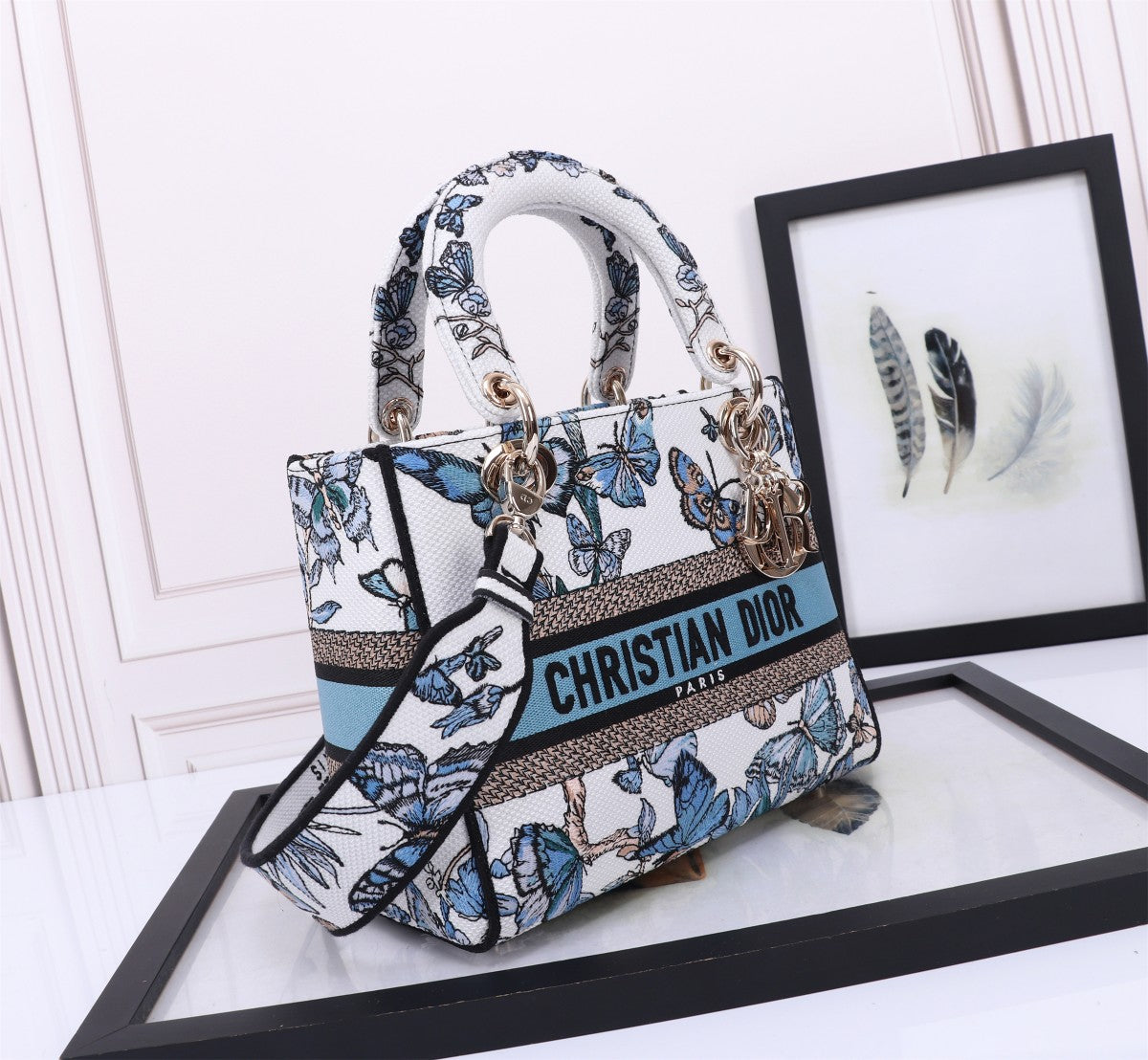 Christian Dior Lady D-Lite Bag White and Blue Butterfly Embroidered Handbag
