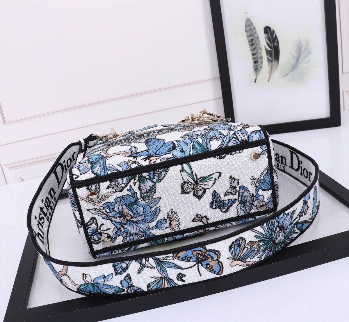 Christian Dior Lady D-Lite Bag White and Blue Butterfly Embroidered Handbag