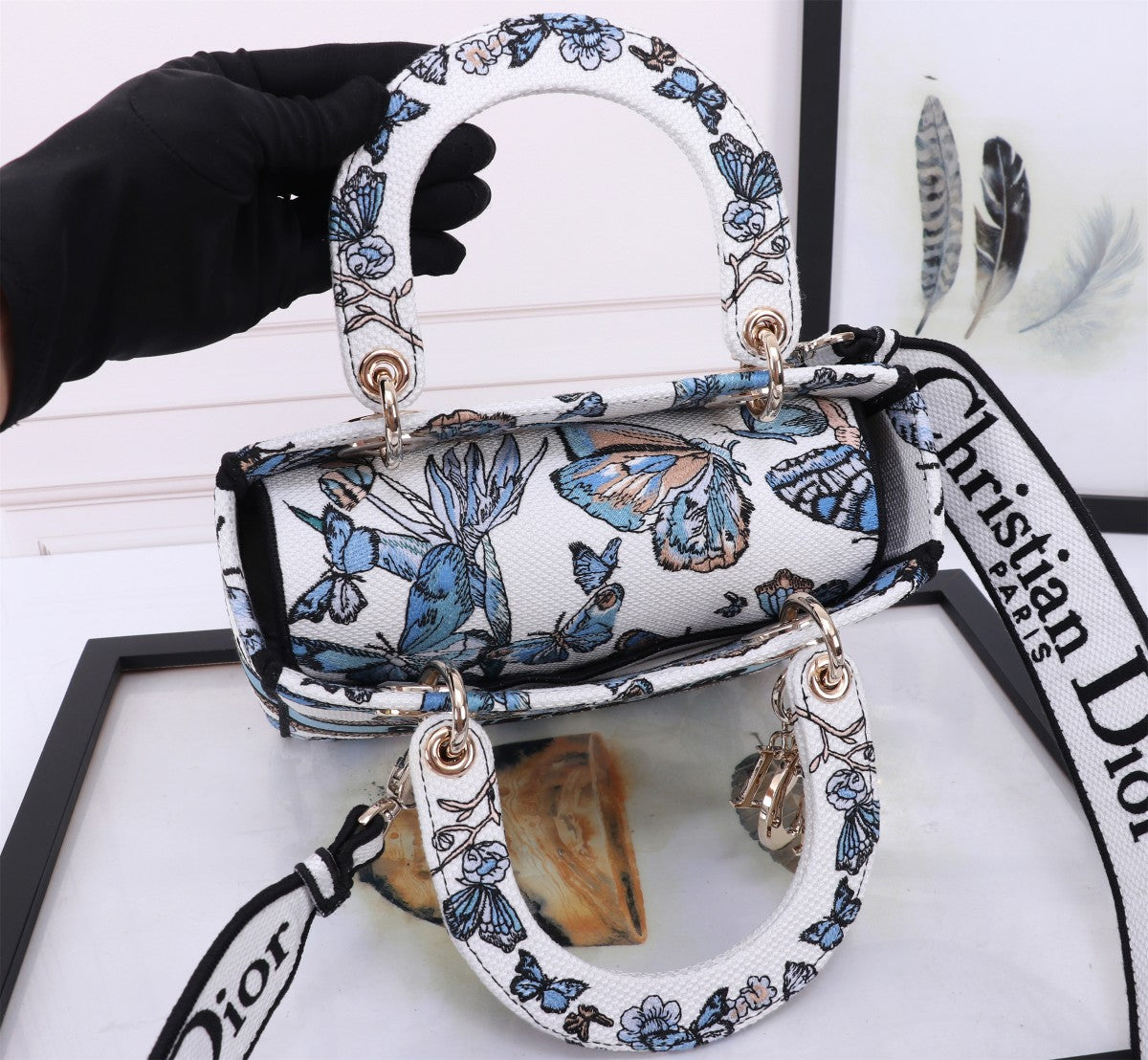 Christian Dior Lady D-Lite Bag White and Blue Butterfly Embroidered Handbag