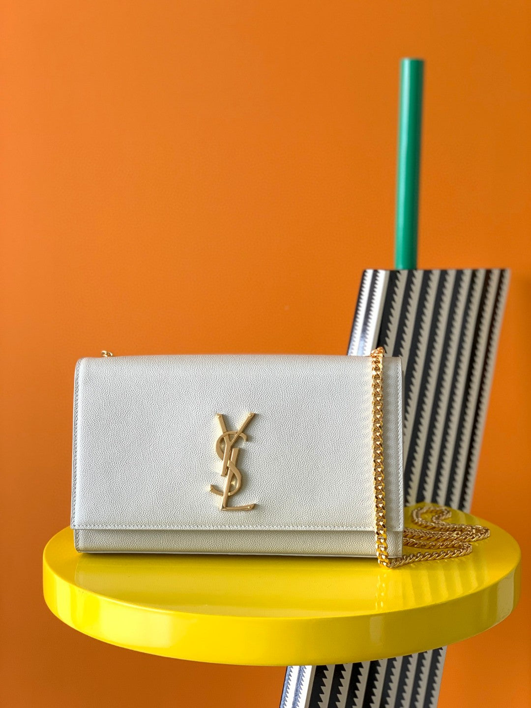 Saint Laurent (YSL) White Leather Chain Wallet Crossbody Bag with Gold Hardware