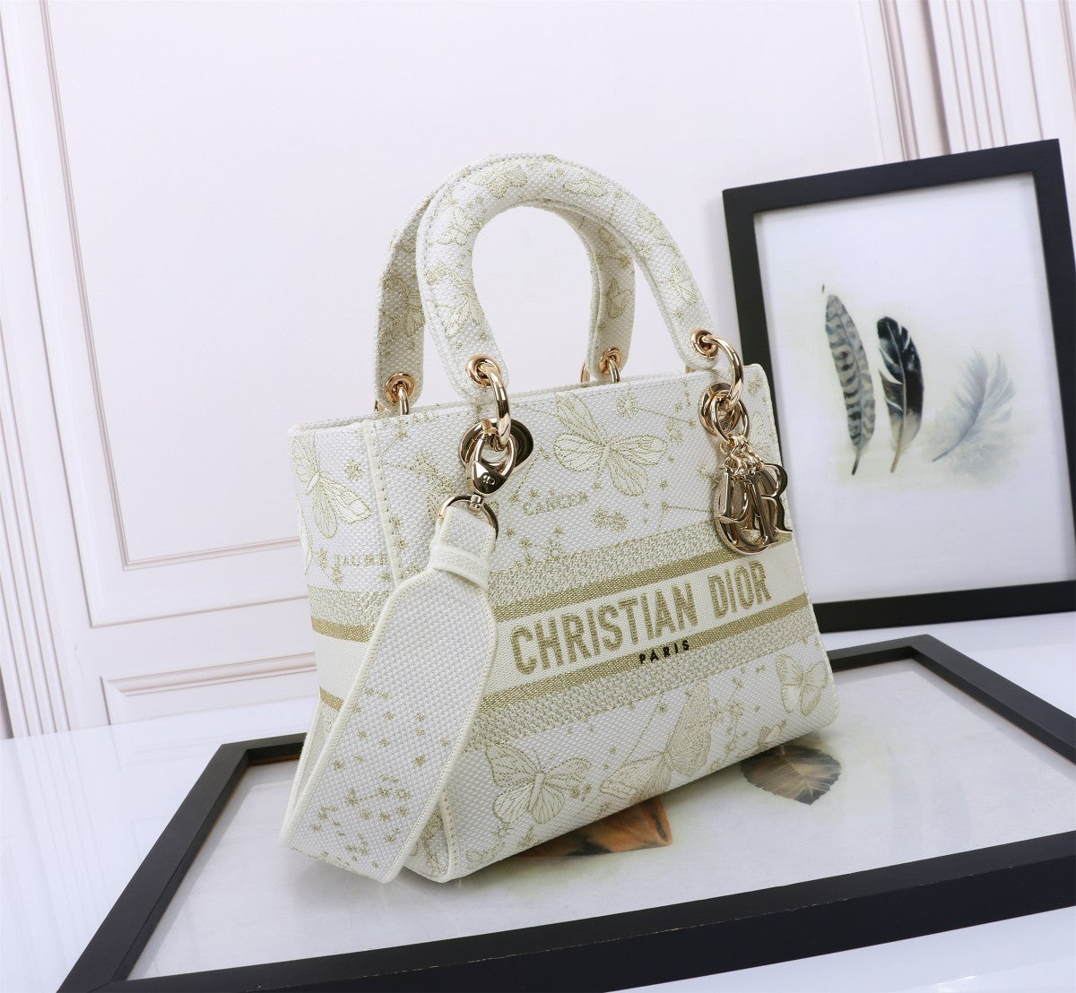 Christian Dior Lady D-Lite Bag White Butterfly Embroidery