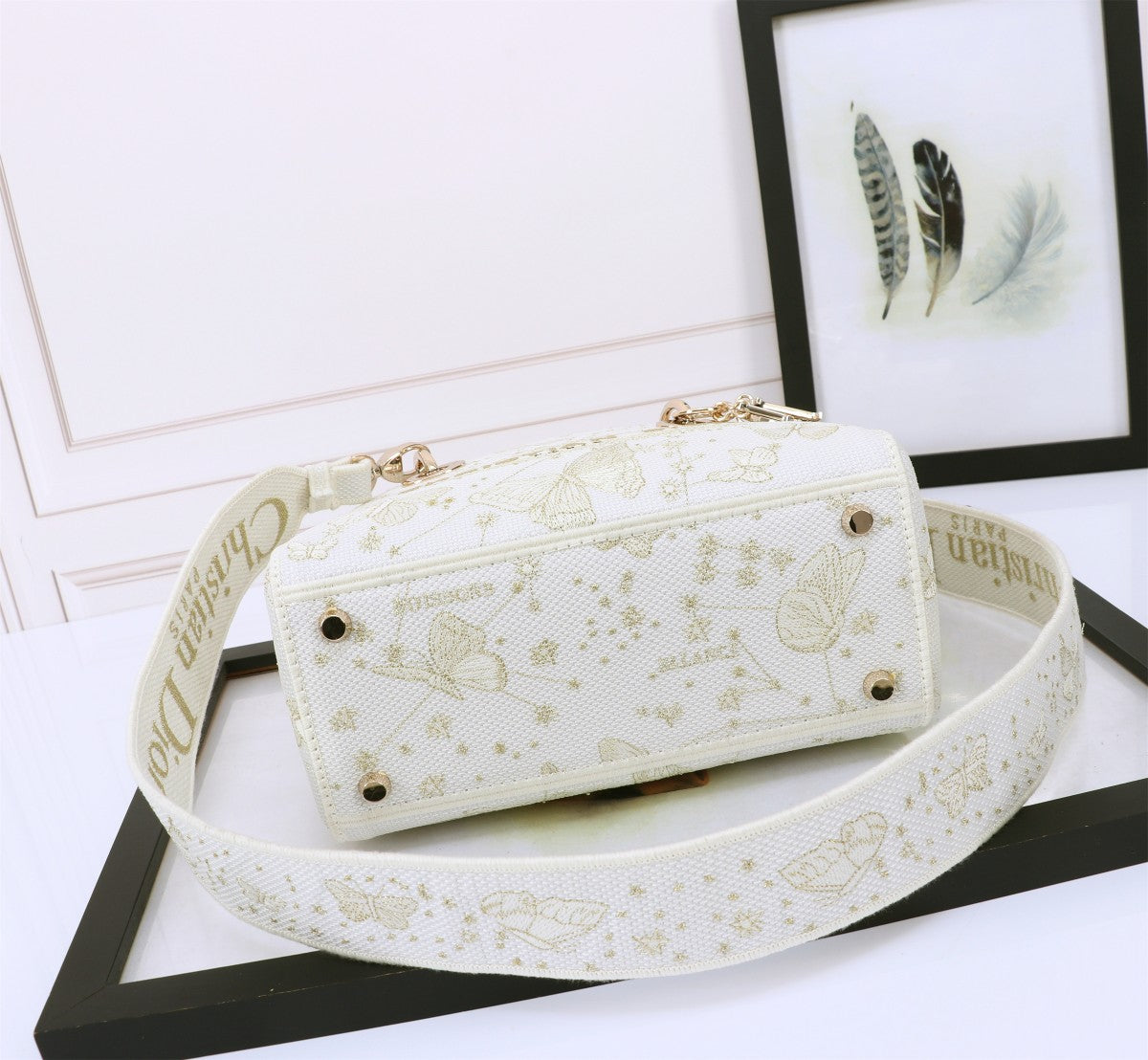 Lady Dior Style Embroidered Handbag - White with Gold Butterfly Pattern