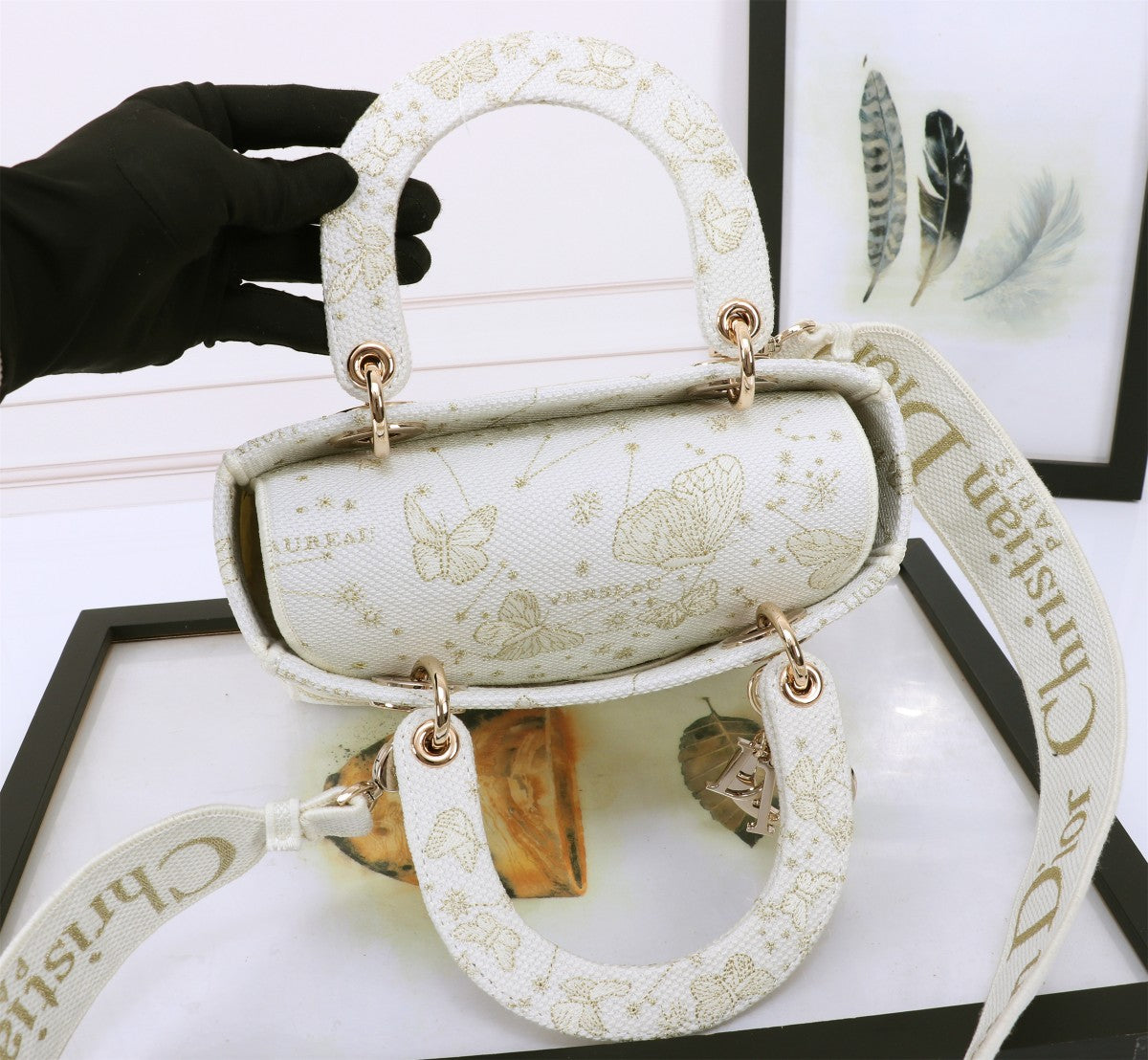 Christian Dior Lady D-Lite Bag White Butterfly Embroidery