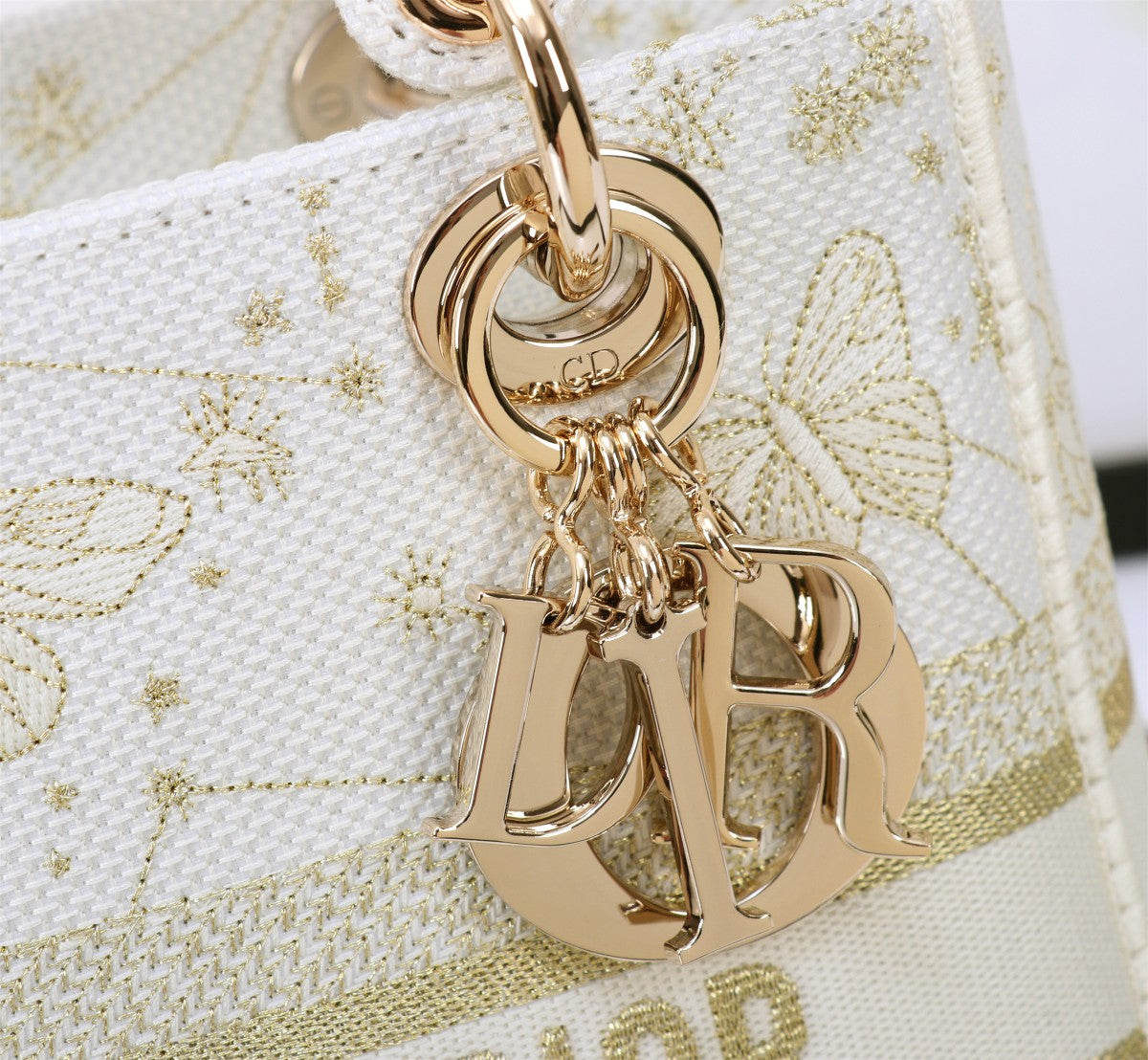 Lady Dior Style Embroidered Handbag - White with Gold Butterfly Pattern