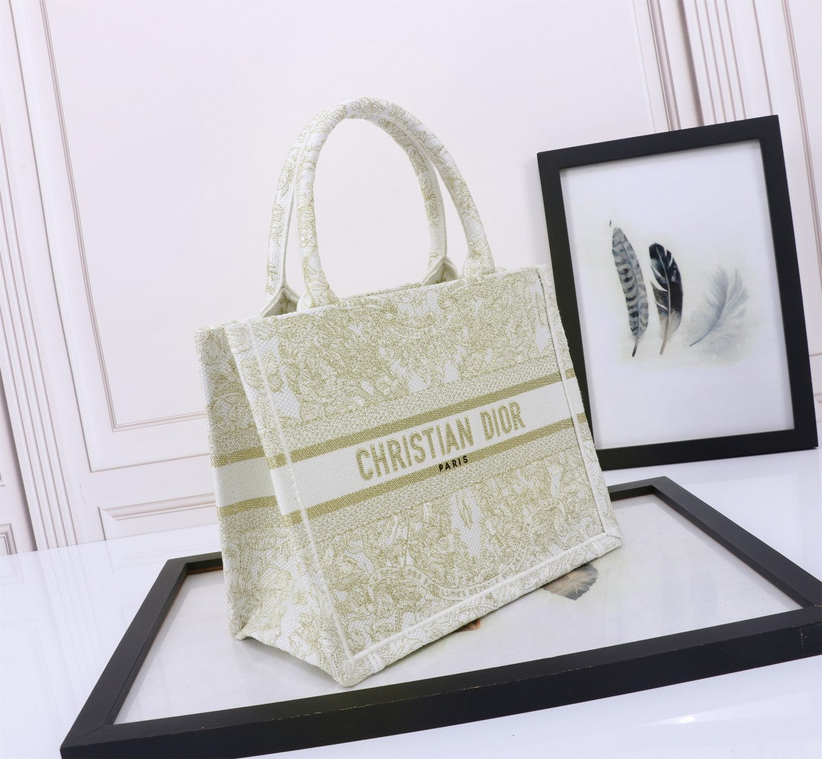 Christian Dior Small Book Tote Green and White Toile de Jouy Embroidery