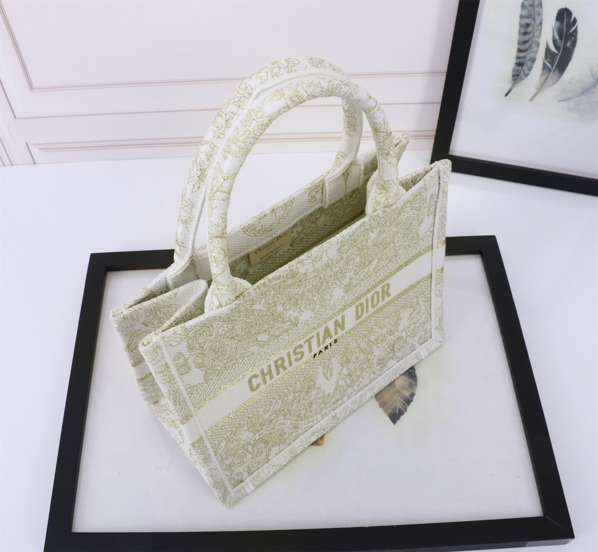 Christian Dior Small Book Tote Green and White Toile de Jouy Embroidery