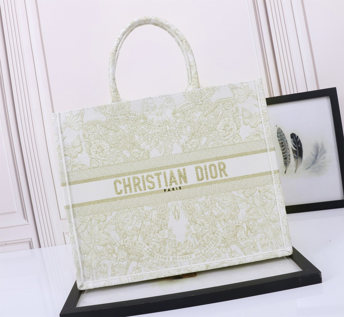 Christian Dior Gold Toile de Jouy Embroidered Large Book Tote Bag