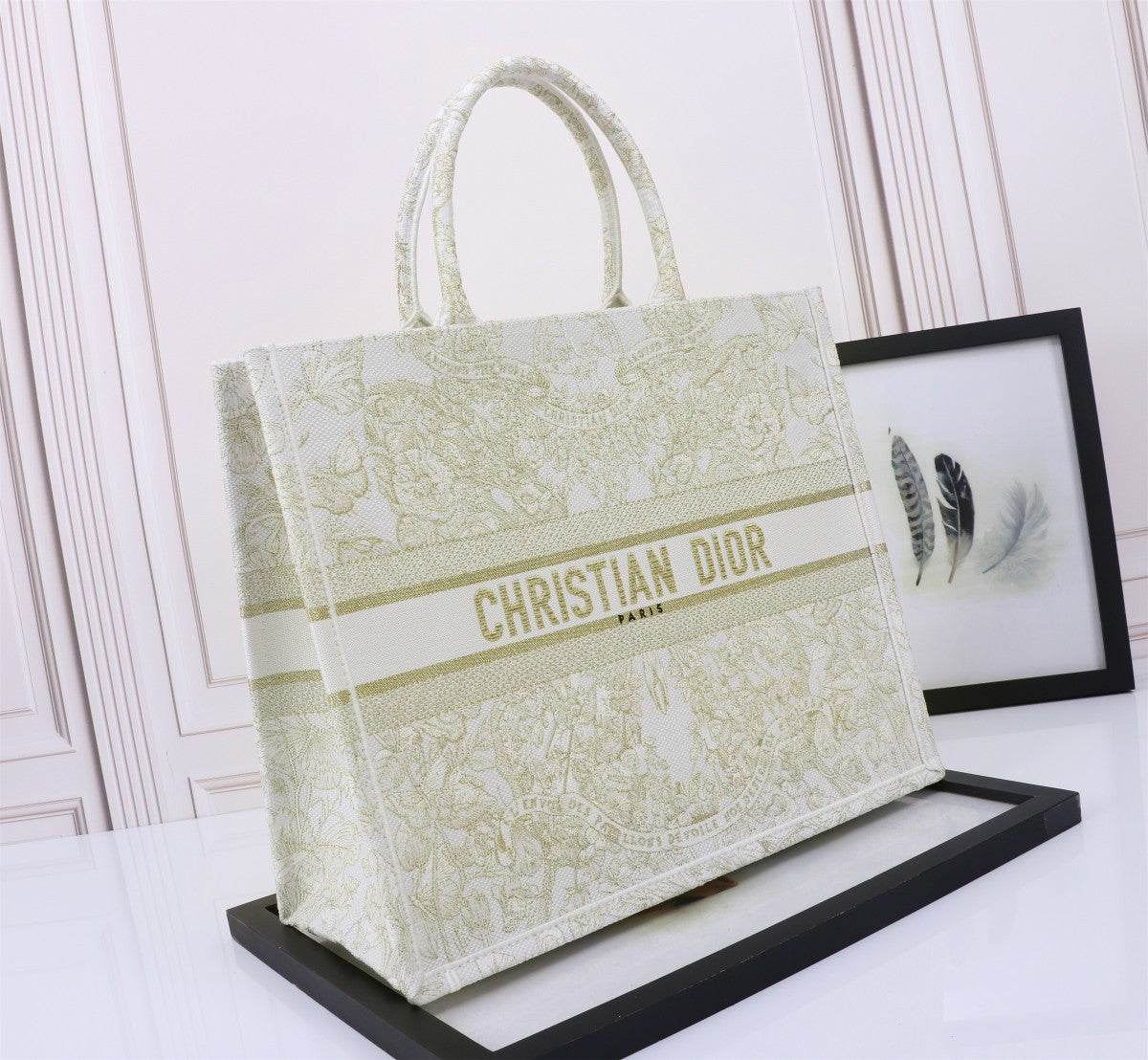 Christian Dior Gold Toile de Jouy Embroidered Large Book Tote Bag
