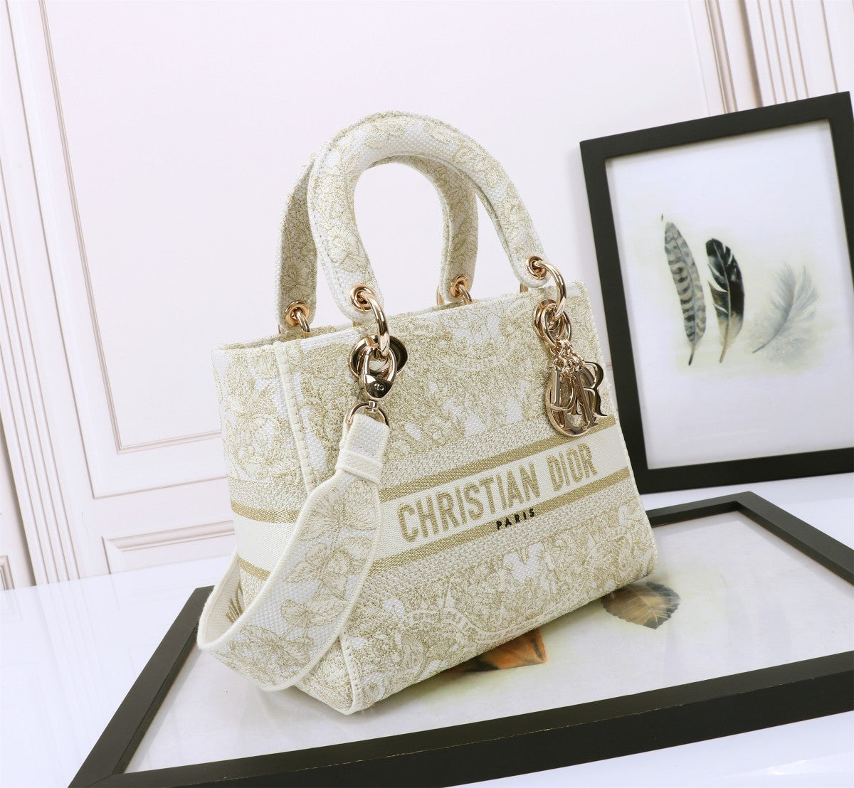Christian Dior Lady D-Lite Bag White and Gold Embroidered Canvas Handbag