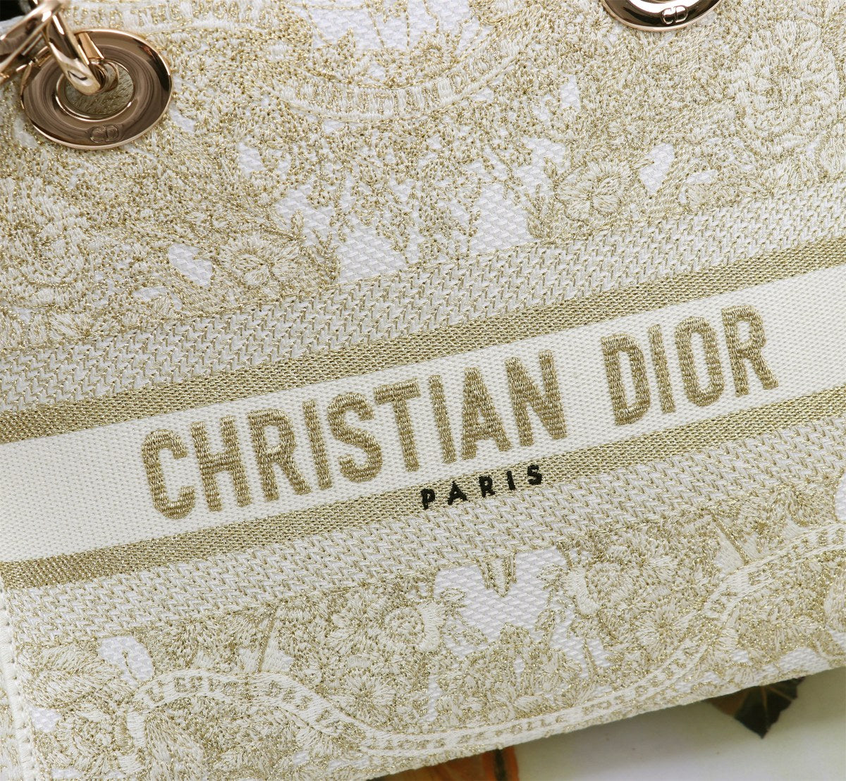 Christian Dior Lady D-Lite Bag White and Gold Embroidered Canvas Handbag