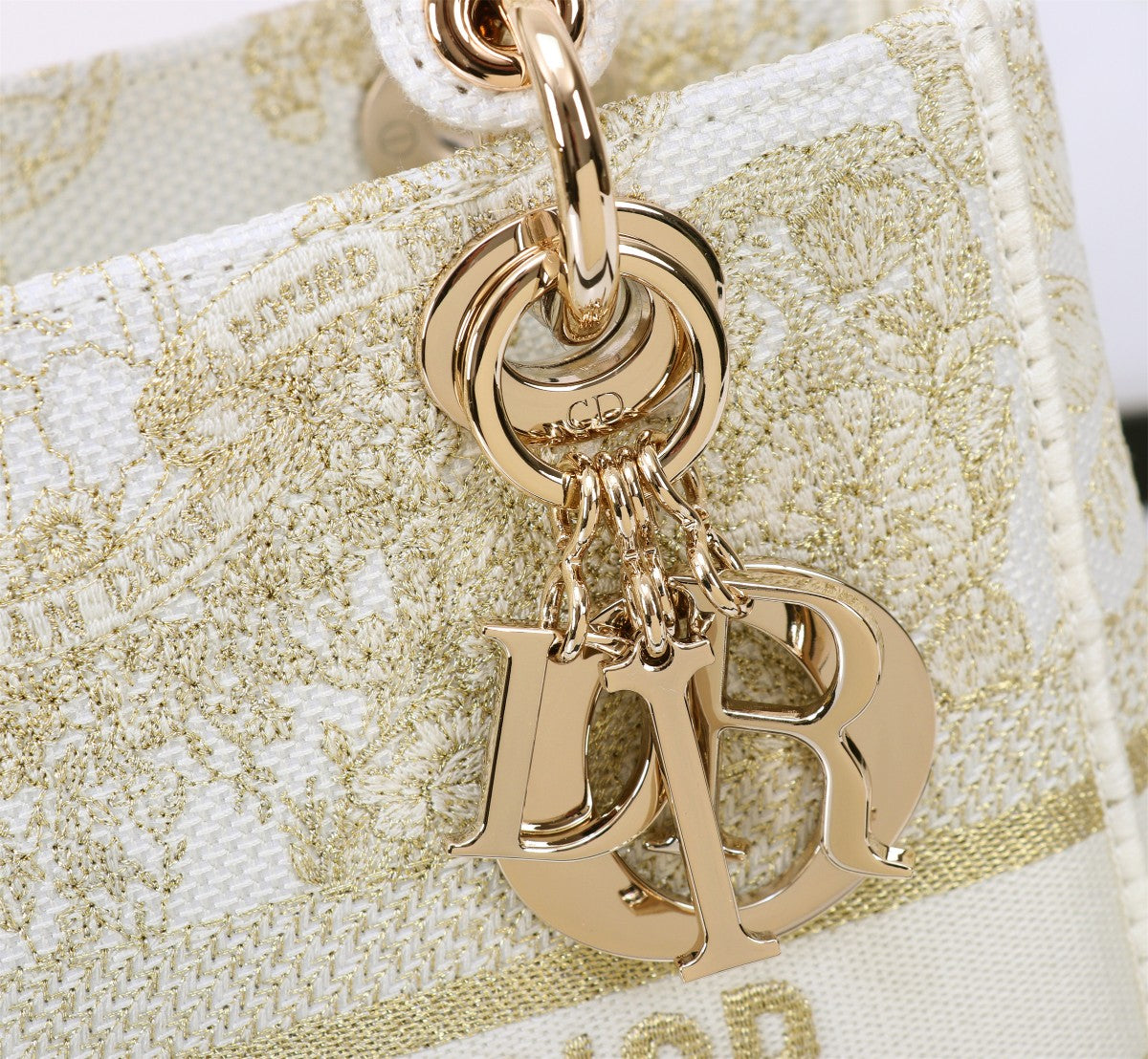 Christian Dior Lady D-Lite Bag White and Gold Embroidered Canvas Handbag