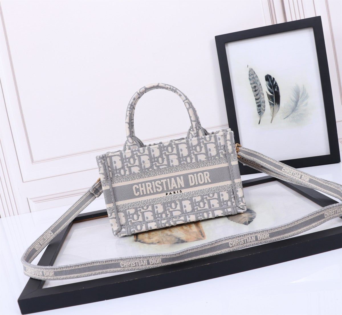 Christian Dior Small Dior Book Tote with Strap Grey Oblique Embroidery Handbag