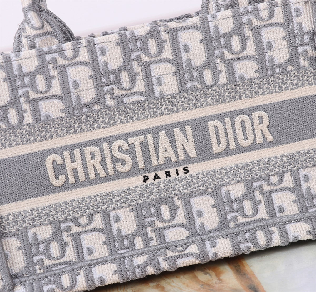 Christian Dior Small Dior Book Tote with Strap Grey Oblique Embroidery Handbag