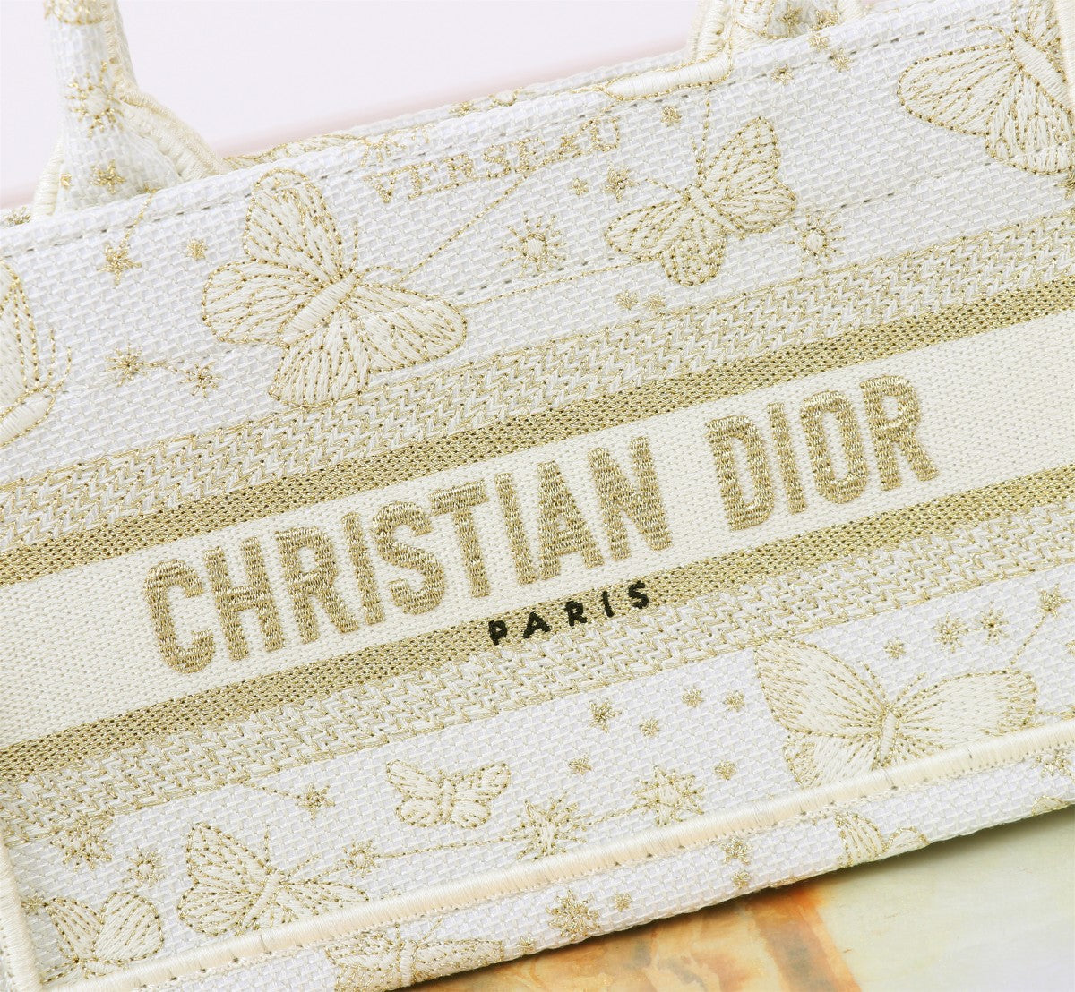 Christian Dior Mini Book Tote with Strap - White and Gold Plan de Paris Embroidery