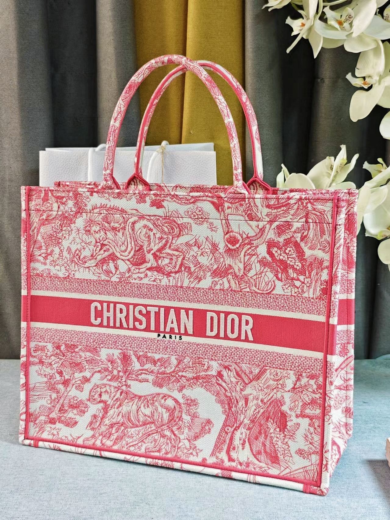 Christian Dior Red Toile de Jouy Embroidery Large Book Tote Bag