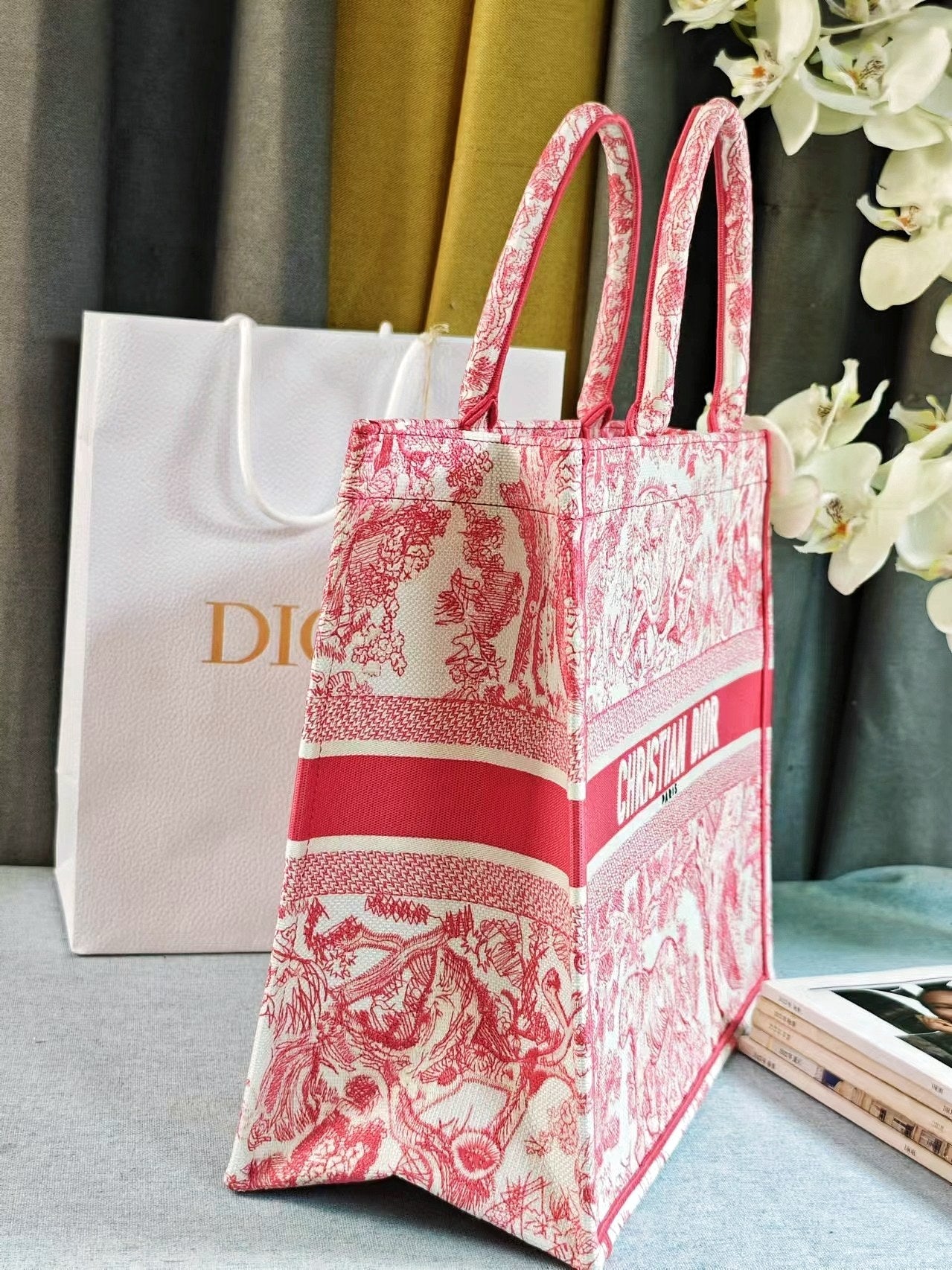 Christian Dior Red Toile de Jouy Embroidery Large Book Tote Bag