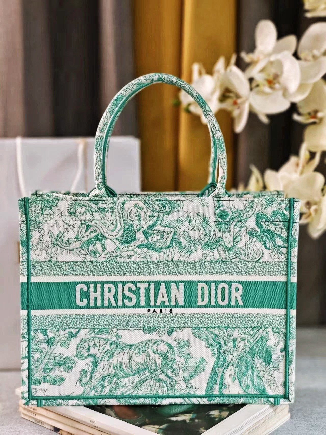 Christian Dior Medium Book Tote Bag - Green Toile de Jouy Reverse Embroidery