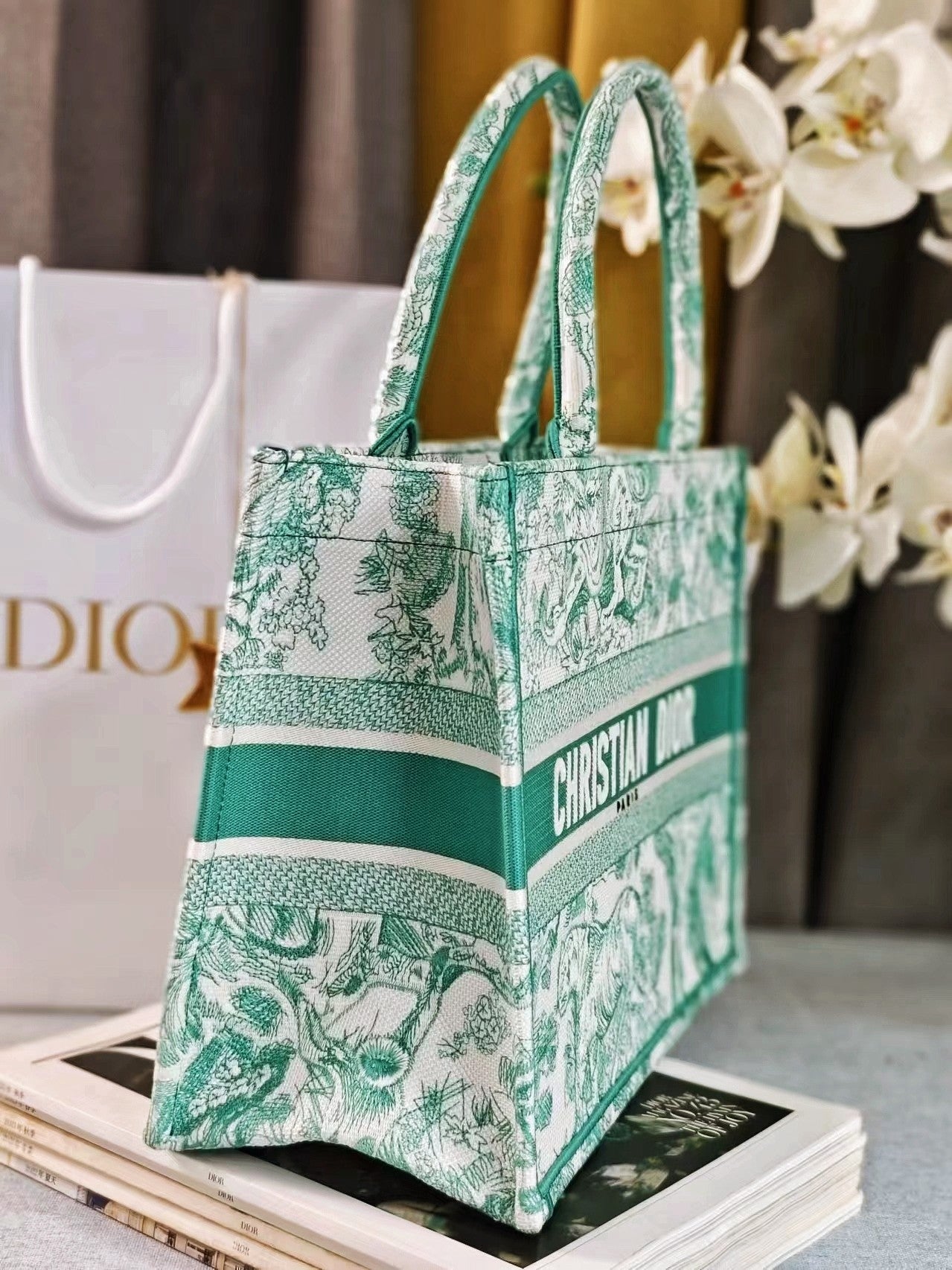 Christian Dior Medium Book Tote Bag - Green Toile de Jouy Reverse Embroidery