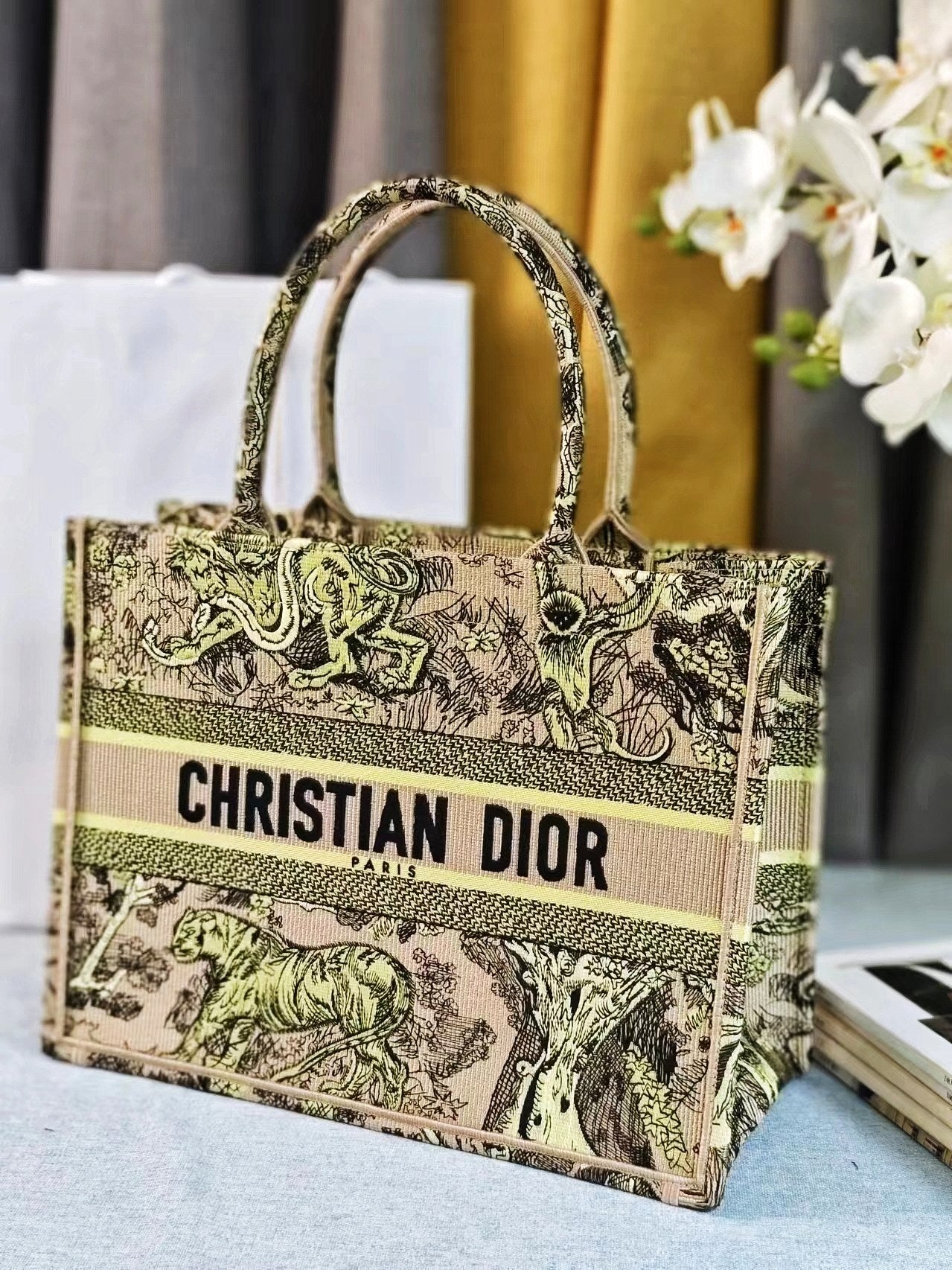 Christian Dior Book Tote Bag - Lime Green & Beige Animal Print Toile de Jouy