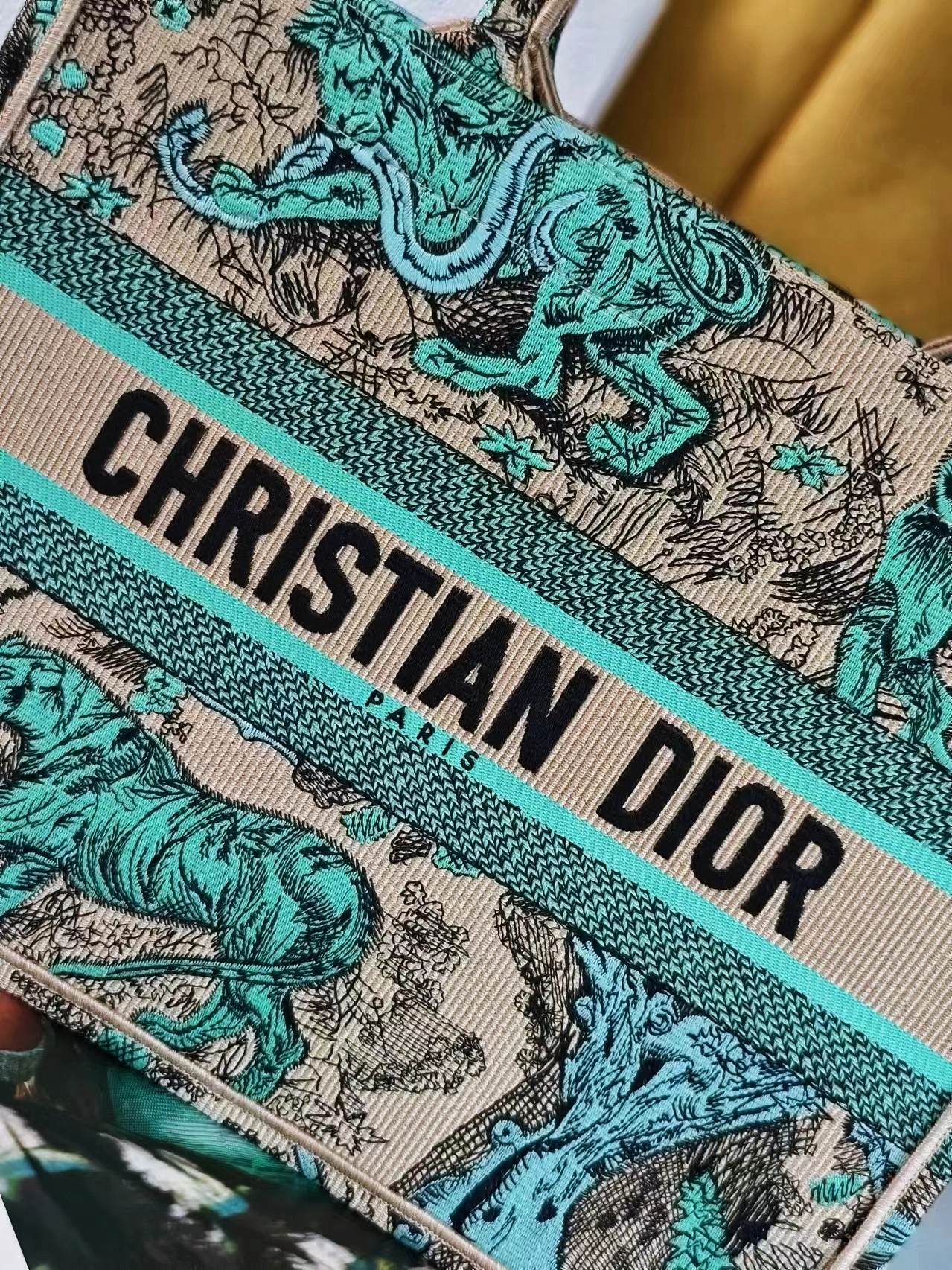 Christian Dior Medium Book Tote Bag - Teal and Beige Toile de Jouy Animal Embroidery